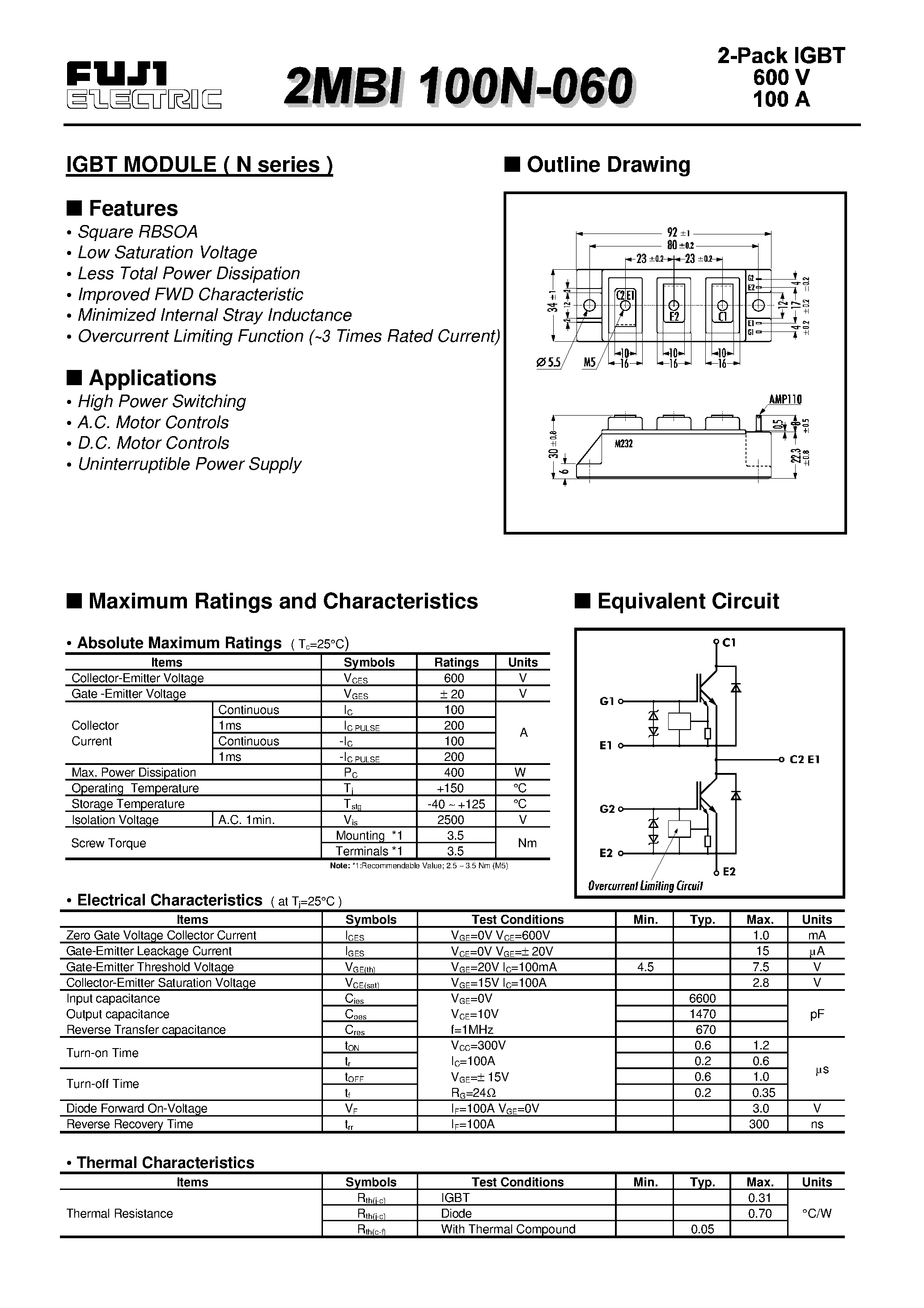 Datasheet 2MBI100N-060 - IGBT MODULE ( N series ) page 1