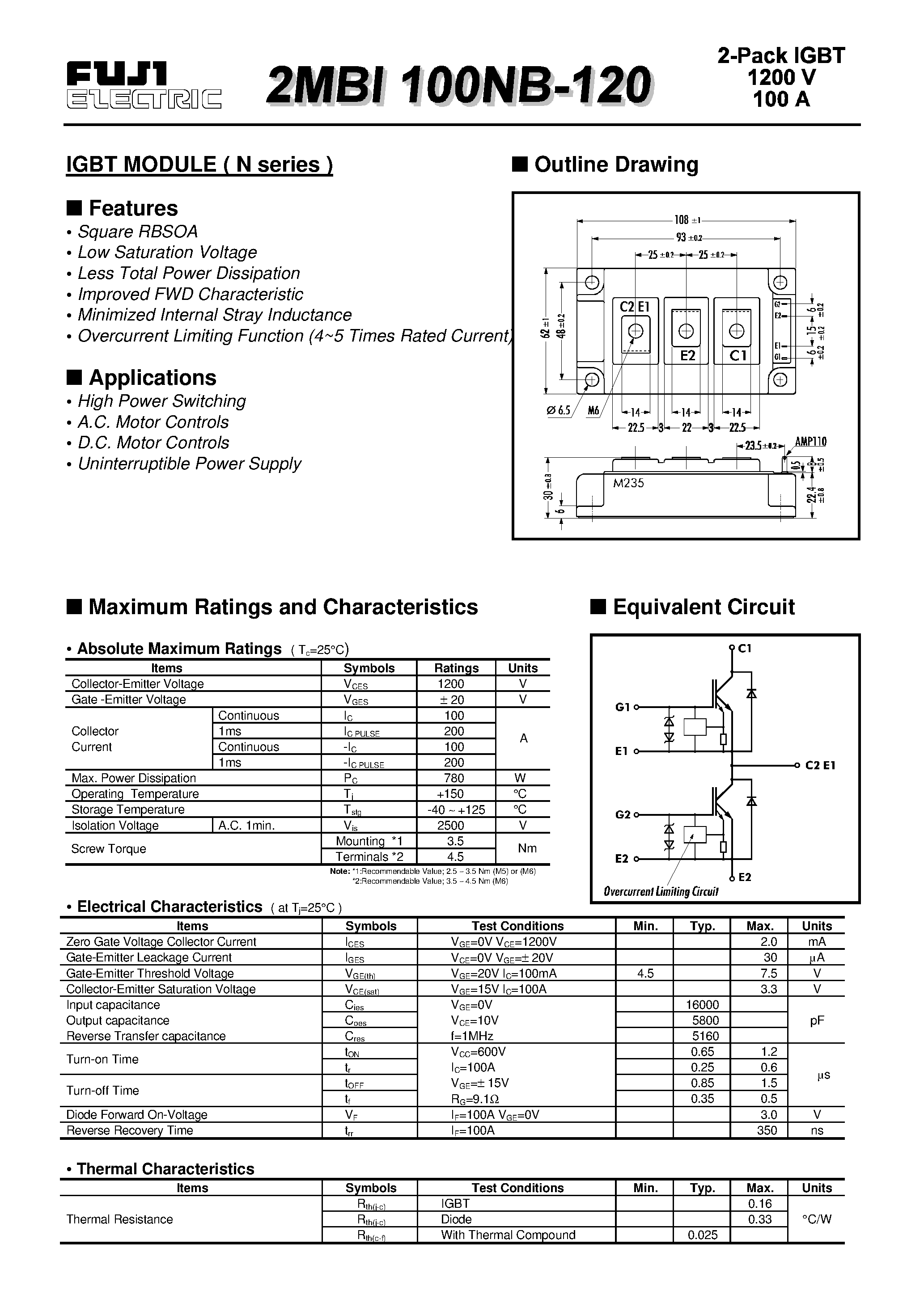 Datasheet 2MBI100NB-120 page 1 Datasheet 2MBI100NB-120 - IGBT MODULE ( N series ) page 1