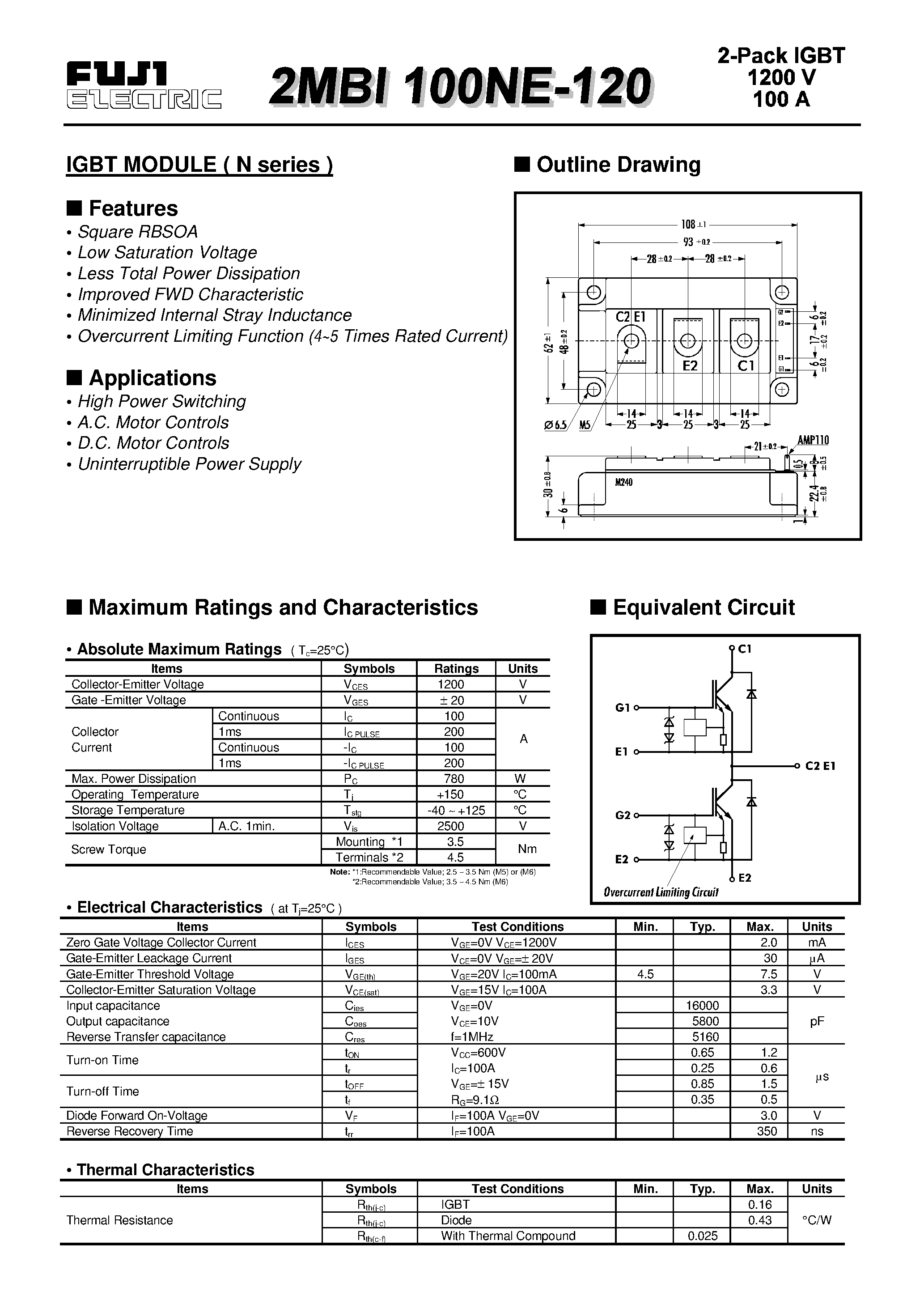 Datasheet 2MBI100NE-120 - IGBT MODULE ( N series ) page 1