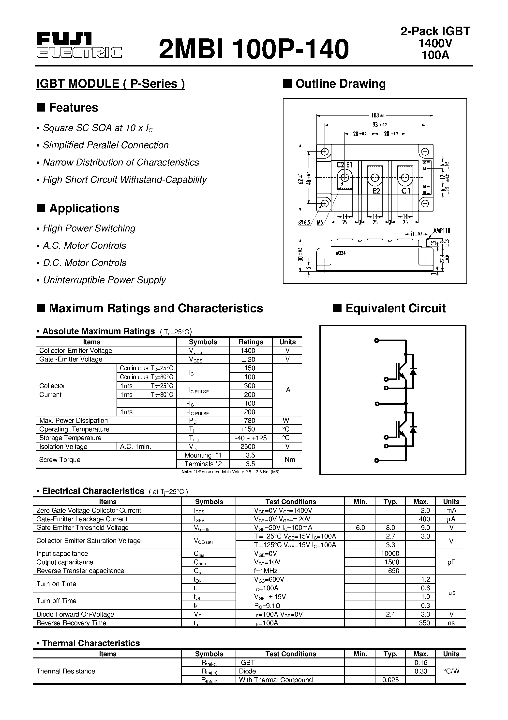 Datasheet 2MBI100P-140 - IGBT MODULE ( P-Series ) page 1