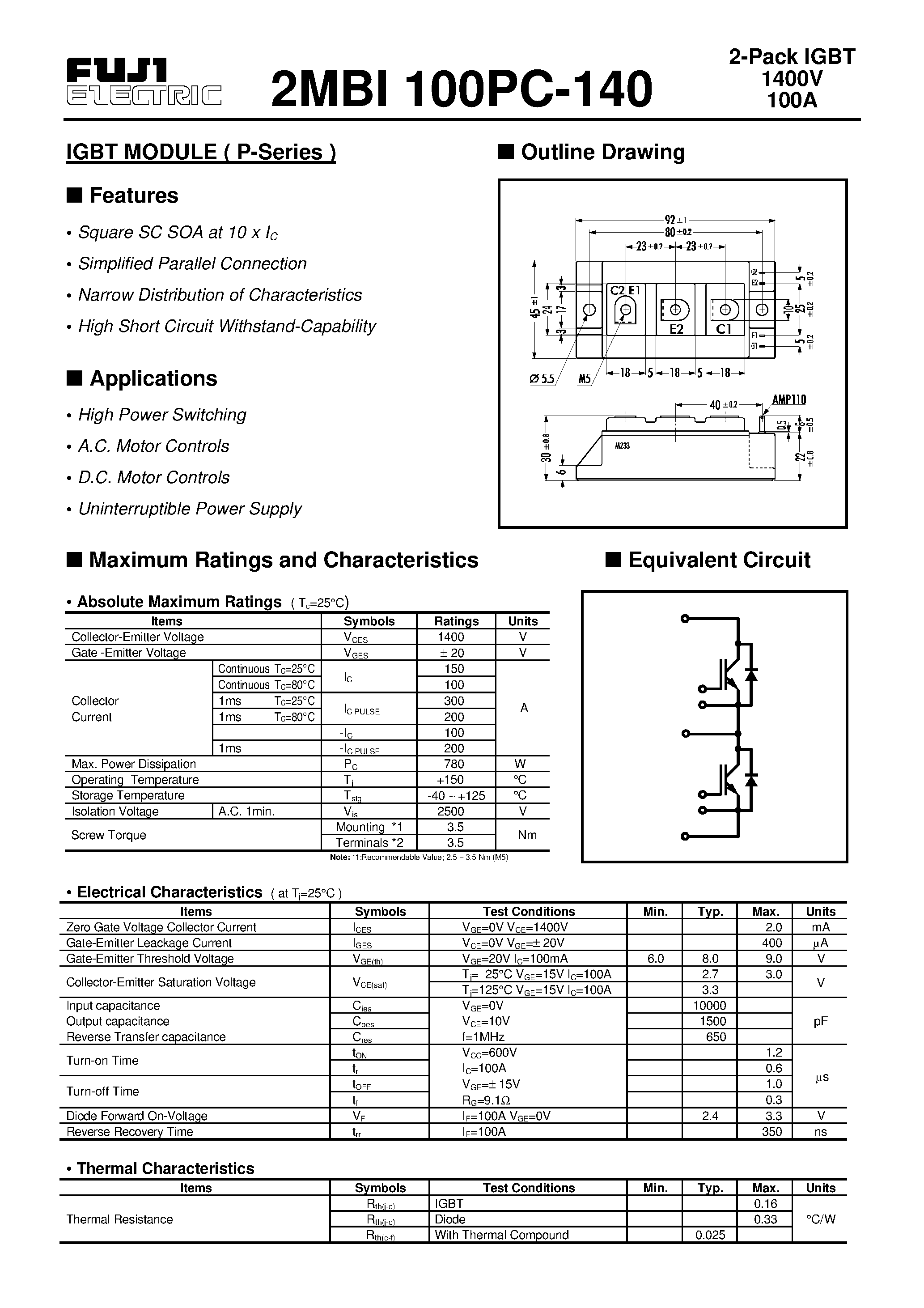 Datasheet 2MBI100PC-140 - IGBT MODULE ( P-Series ) page 1