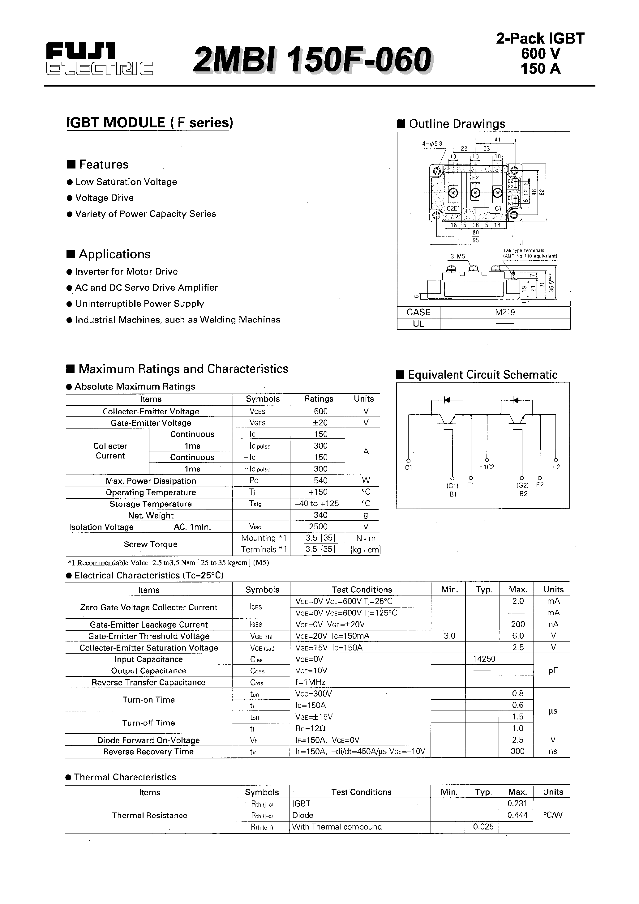 Datasheet 2MBI150F-060 - IGBT MODULE ( F Series ) page 1