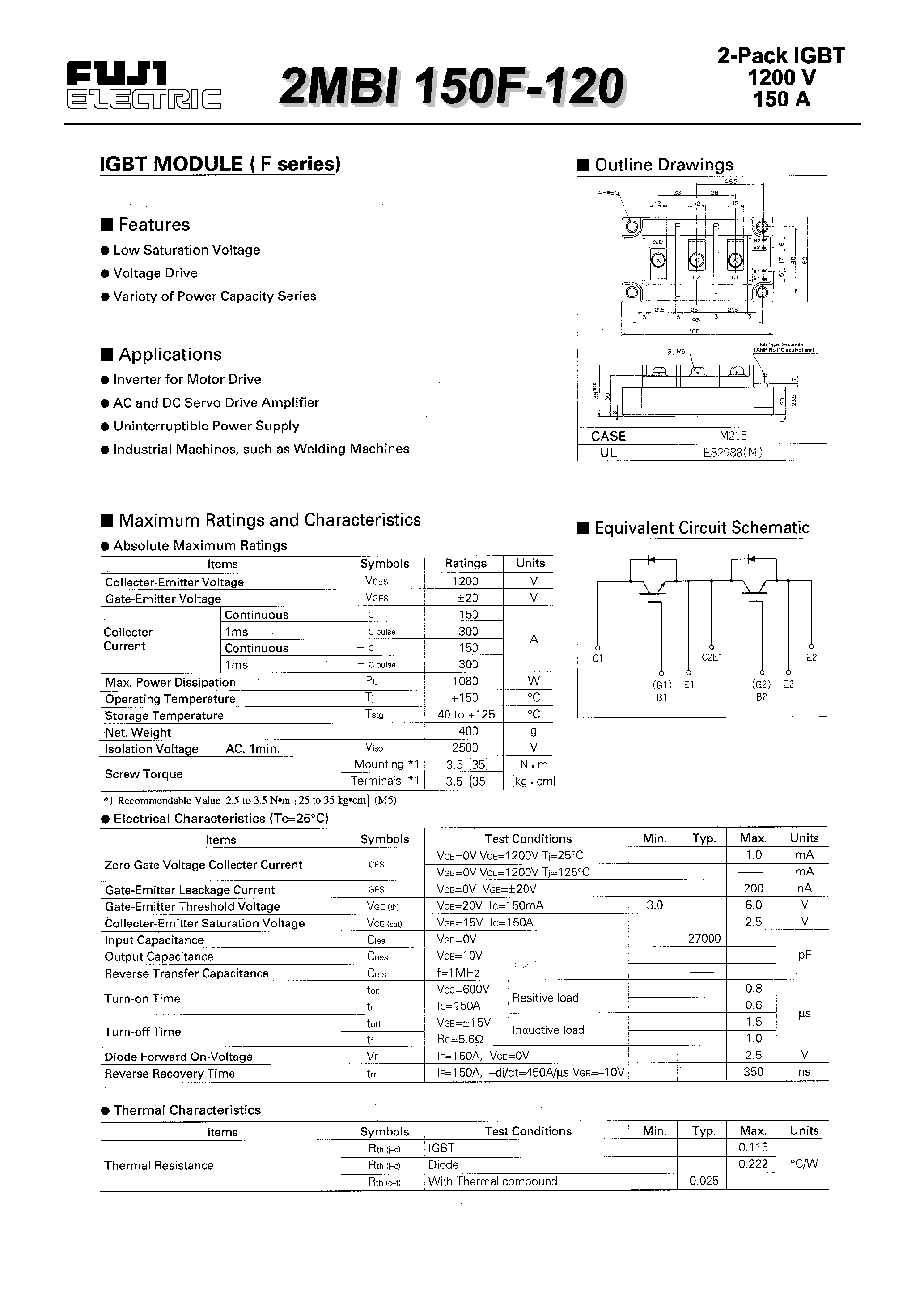 Datasheet 2MBI150F-120 - IGBT MODULE(F series) page 1