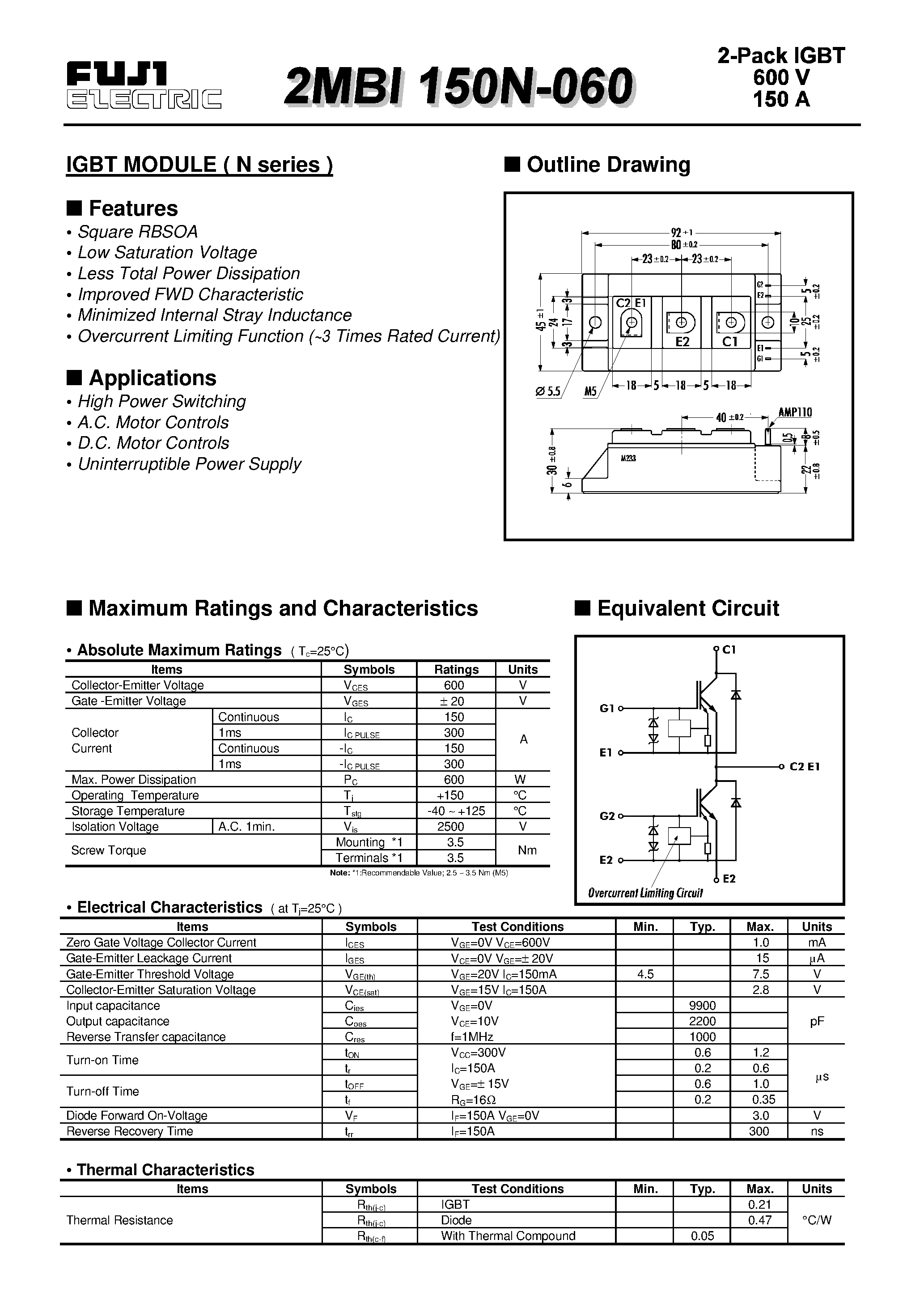 Datasheet 2MBI150N-060 page 1 Datasheet 2MBI150N-060 - IGBT MODULE ( N series ) page 1