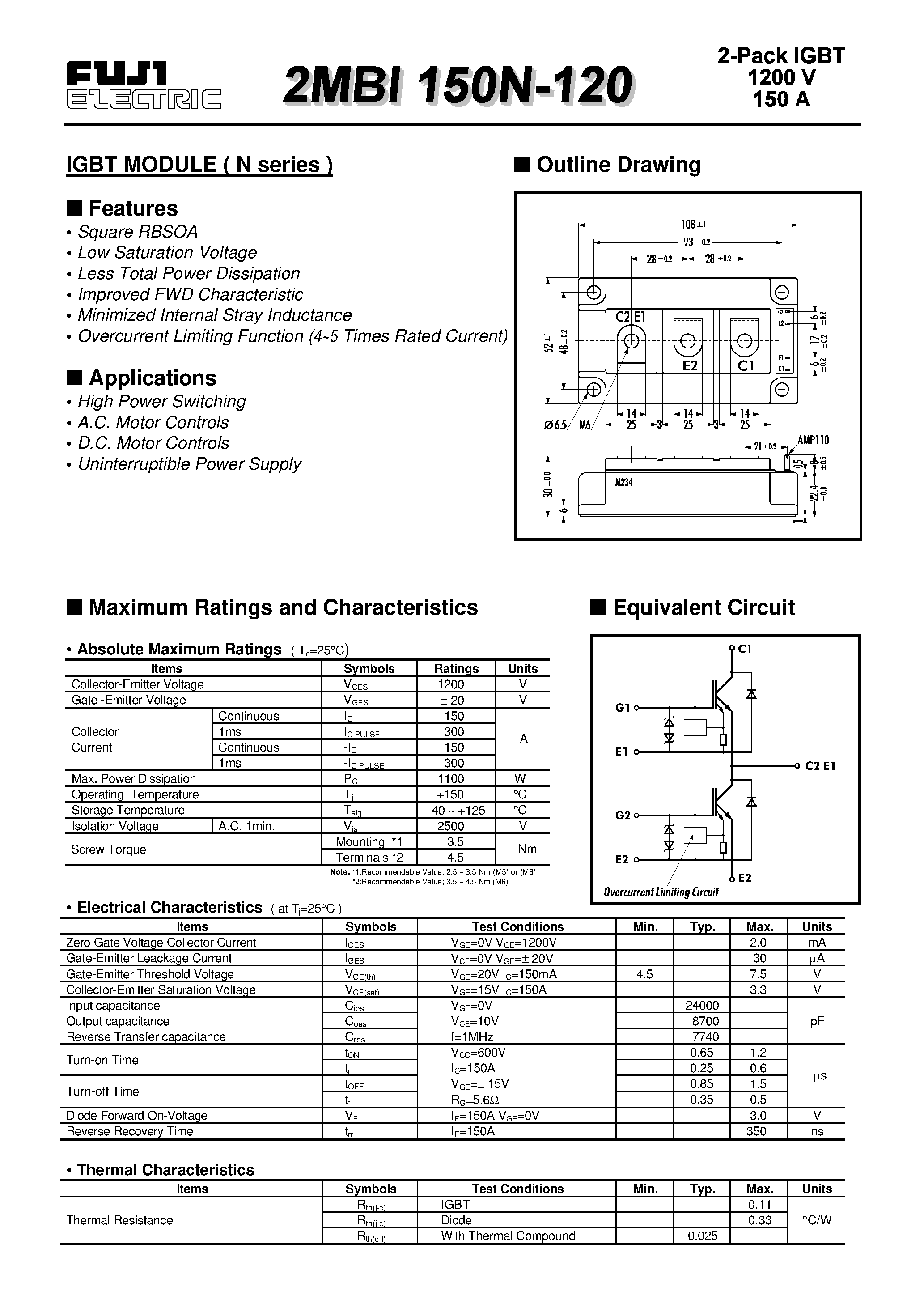 Datasheet 2MBI150N-120 - IGBT MODULE ( N series ) page 1