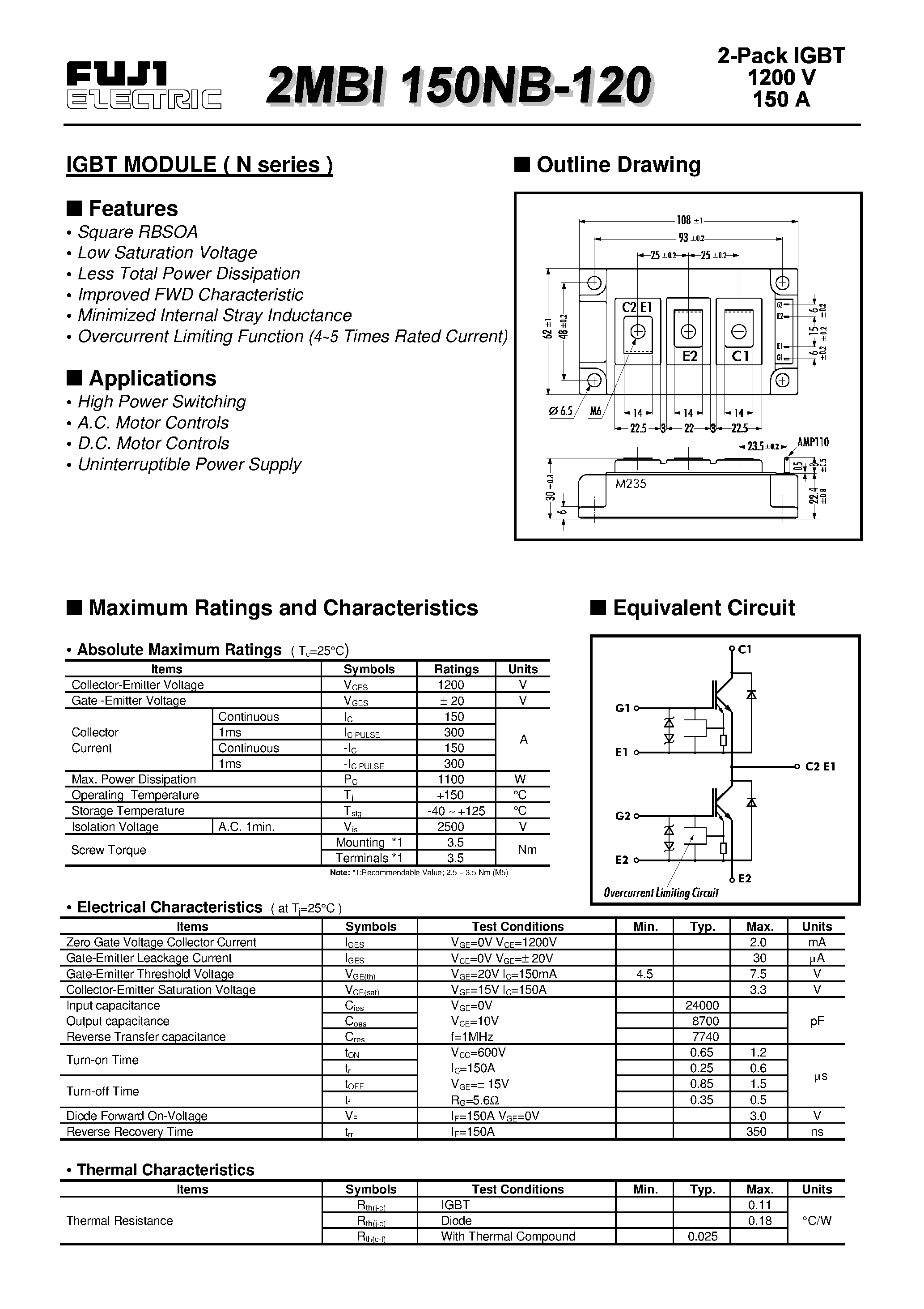 Datasheet 2MBI150NB-120 - IGBT MODULE ( N series ) page 1