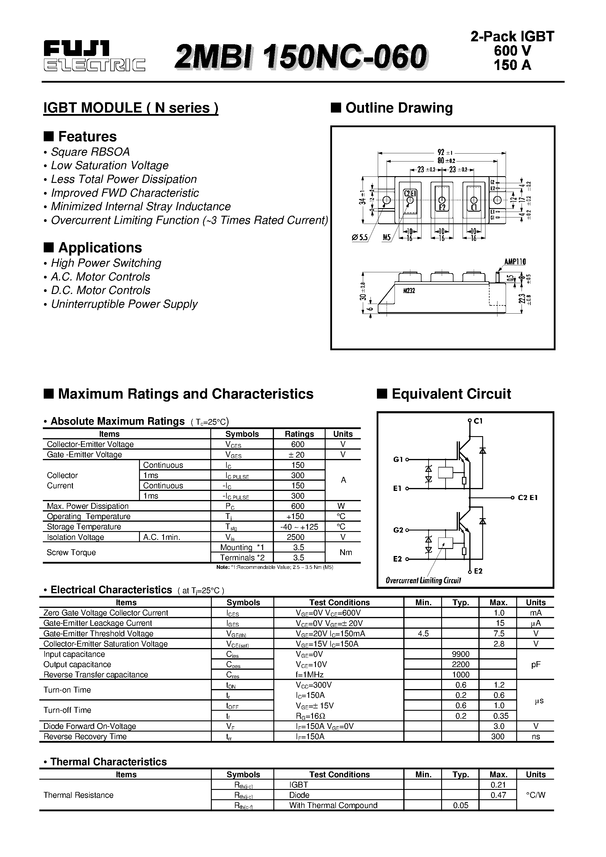 Datasheet 2MBI150NC-060 page 1 Datasheet 2MBI150NC-060 - IGBT MODULE ( N series ) page 1