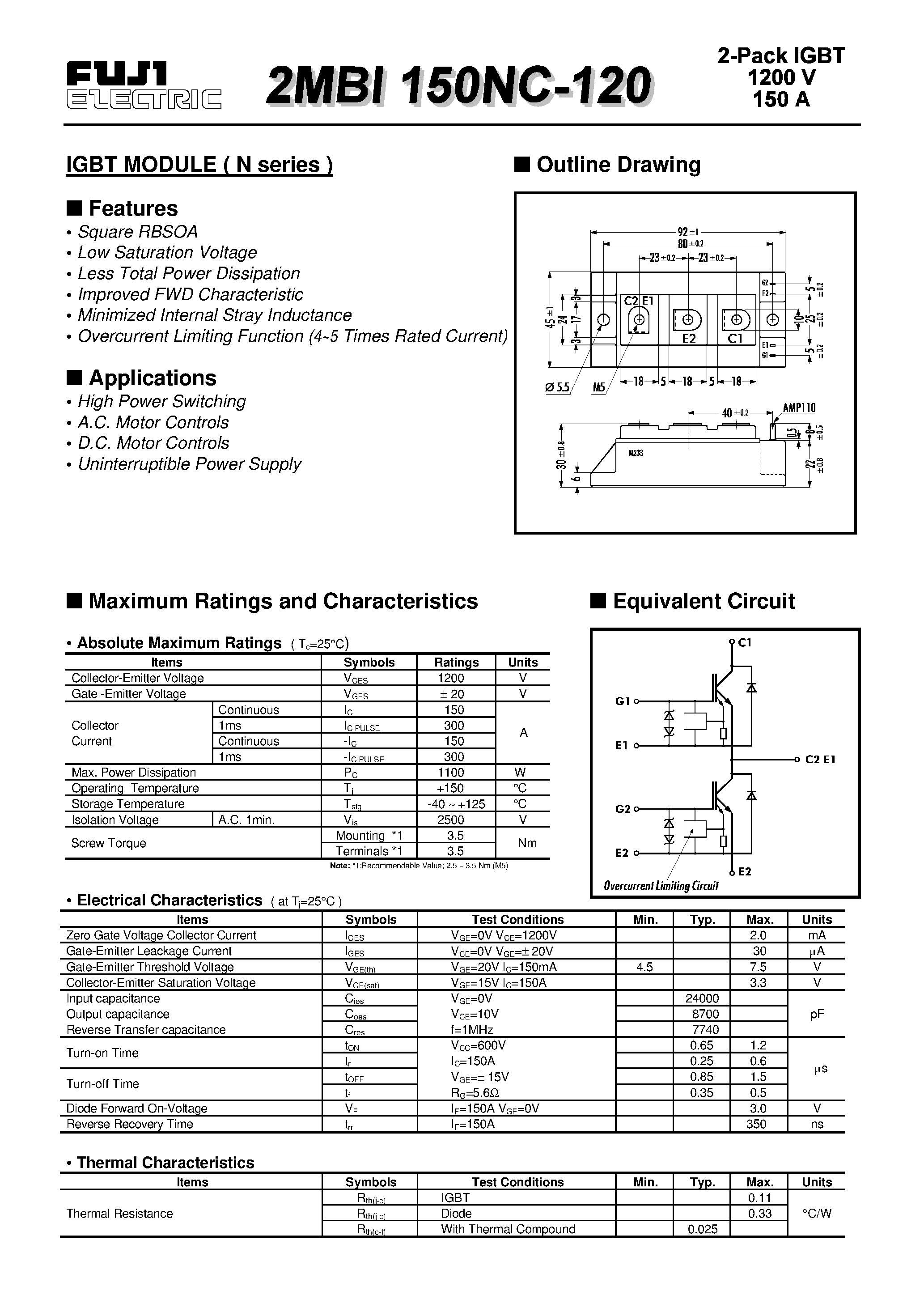 Datasheet 2MBI150NC-120 page 1 Datasheet 2MBI150NC-120 - IGBT MODULE ( N series ) page 1