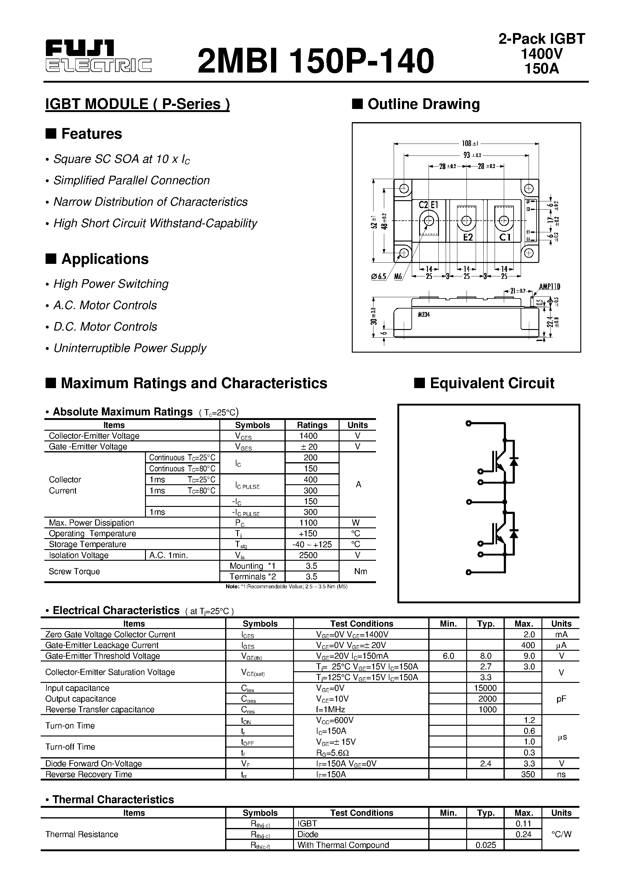 Datasheet 2MBI150P-140 - IGBT MODULE ( P-Series ) page 1