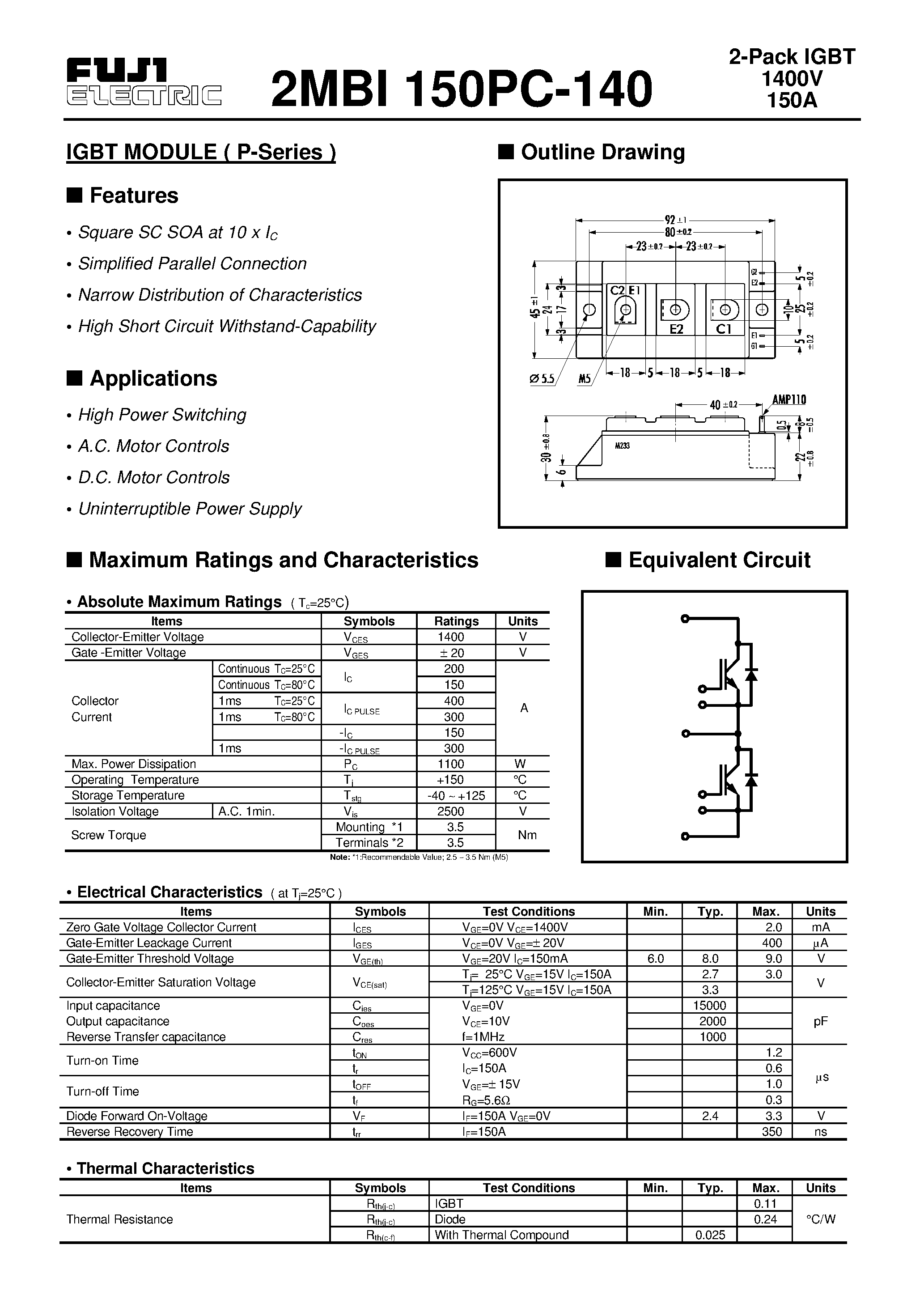 Datasheet 2MBI150PC-140 - IGBT MODULE ( P-Series ) page 1