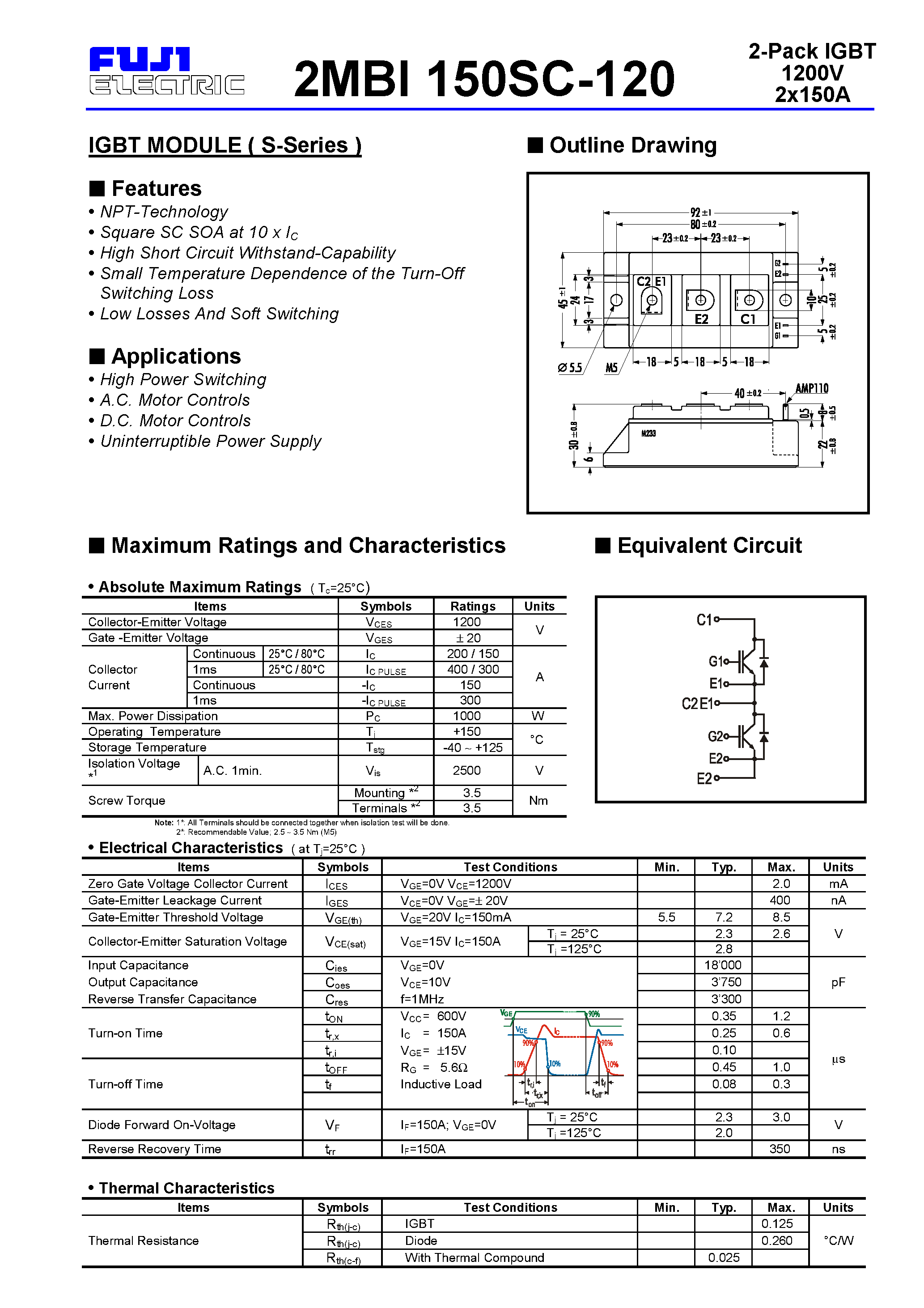 Datasheet 2MBI150SC-120 - IGBT MODULE ( S-Series ) page 1