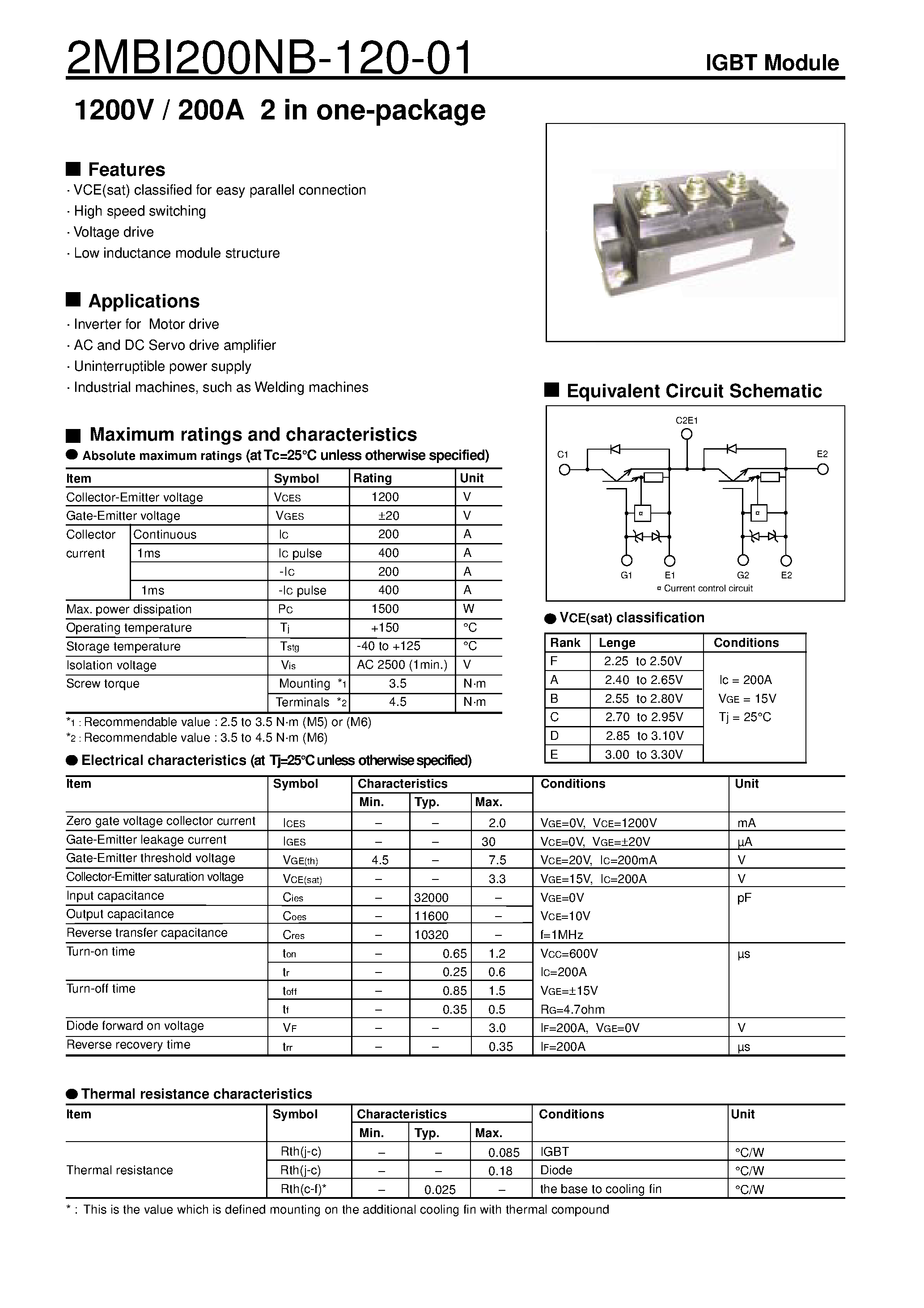 Datasheet 2MBI200-120-01 - 1200V / 200A 2 in one-package page 1