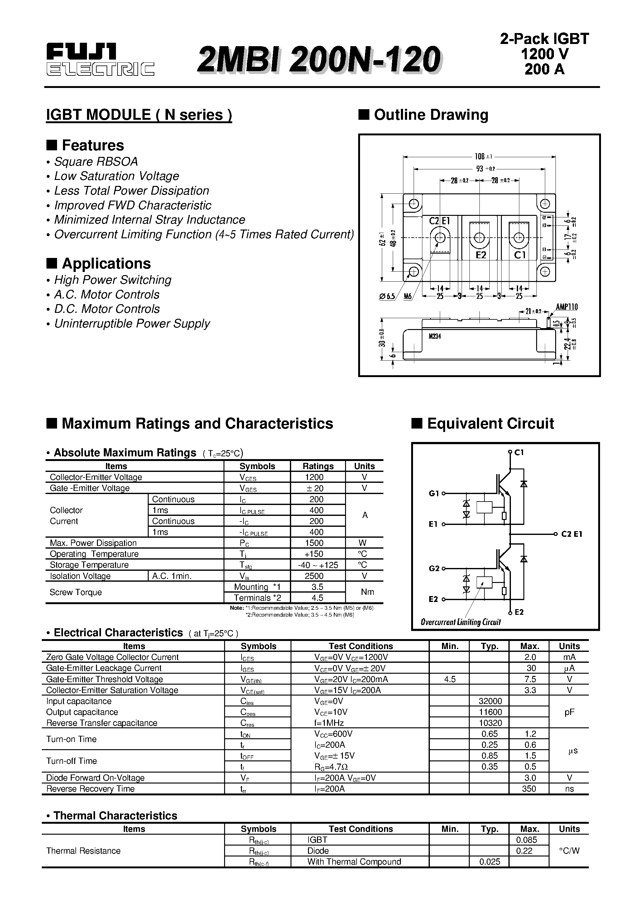 Datasheet 2MBI200N-120 - IGBT MODULE ( N series ) page 1