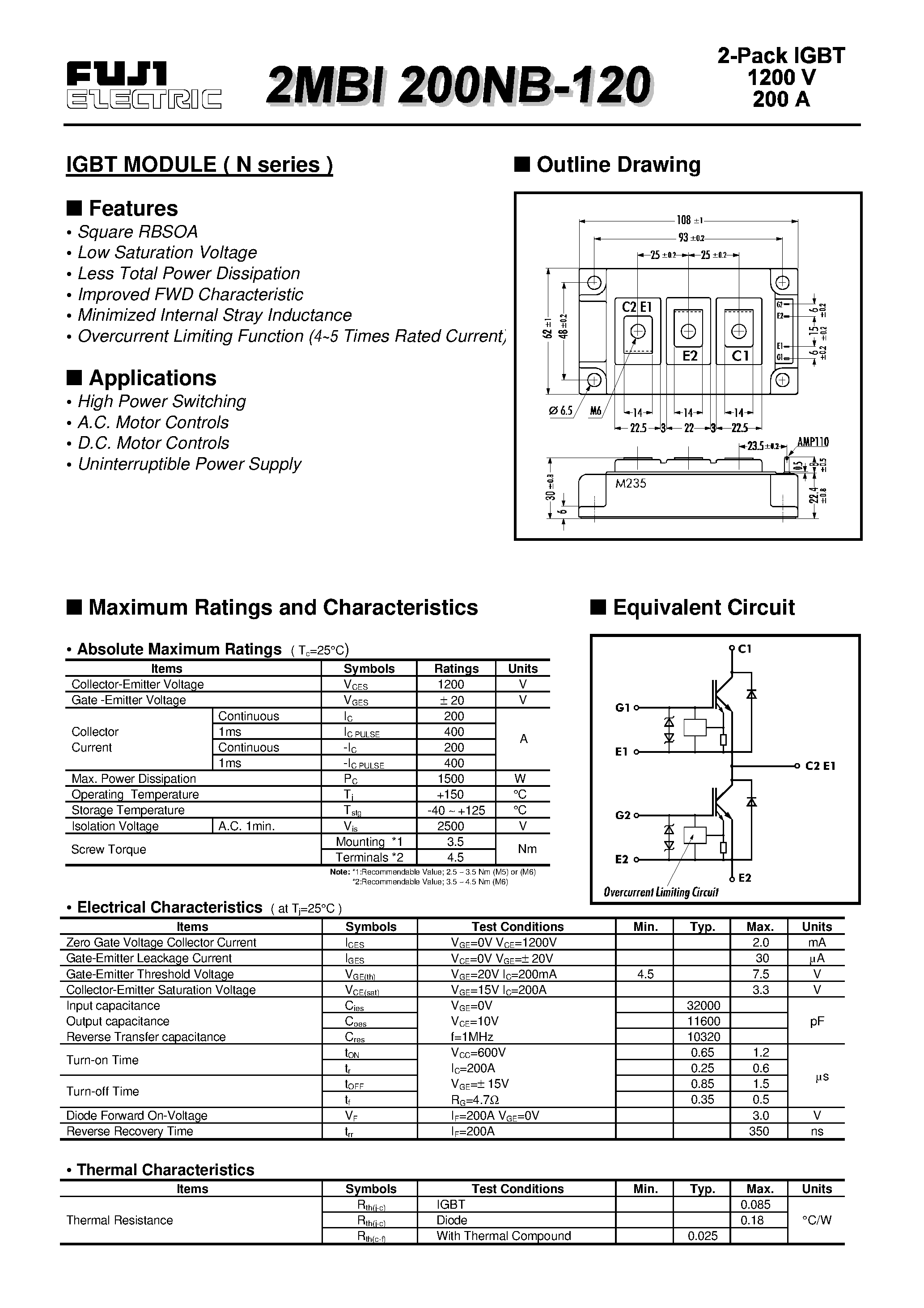 Datasheet 2MBI200NB-120 - IGBT MODULE ( N series ) page 1