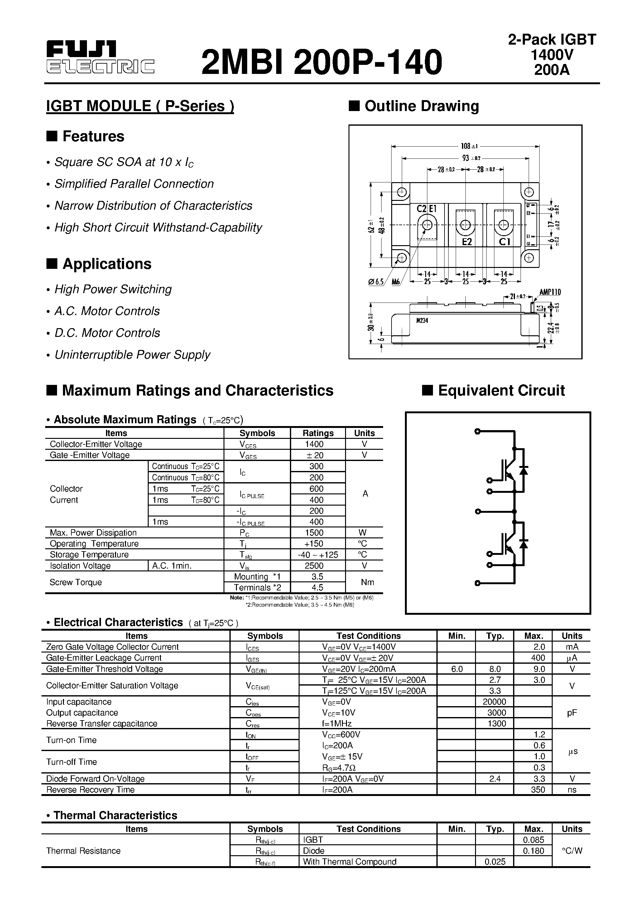 Datasheet 2MBI200P-140 - IGBT MODULE ( P-Series ) page 1