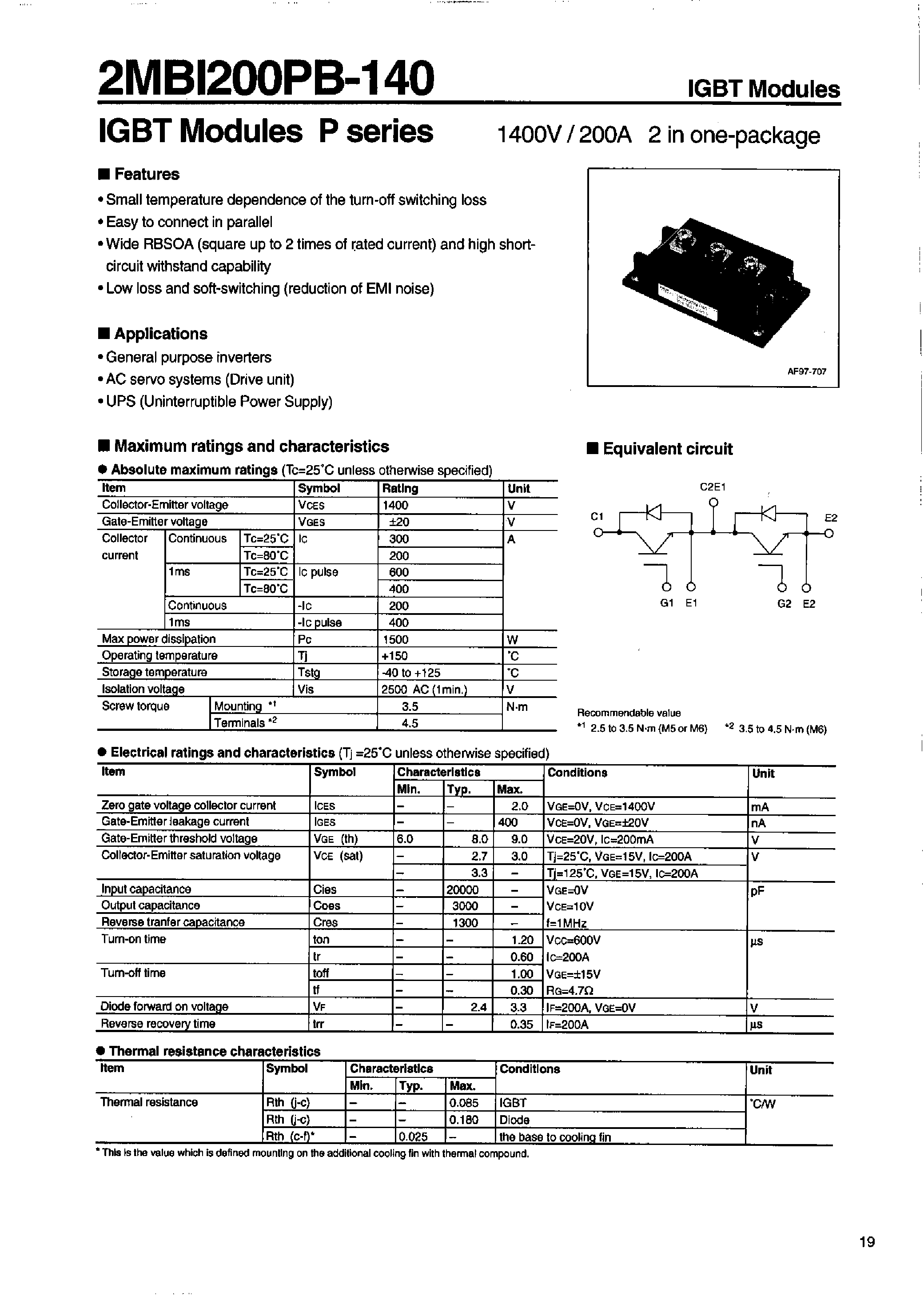 Datasheet 2MBI200PB-140 - IGBT Modules P series page 1