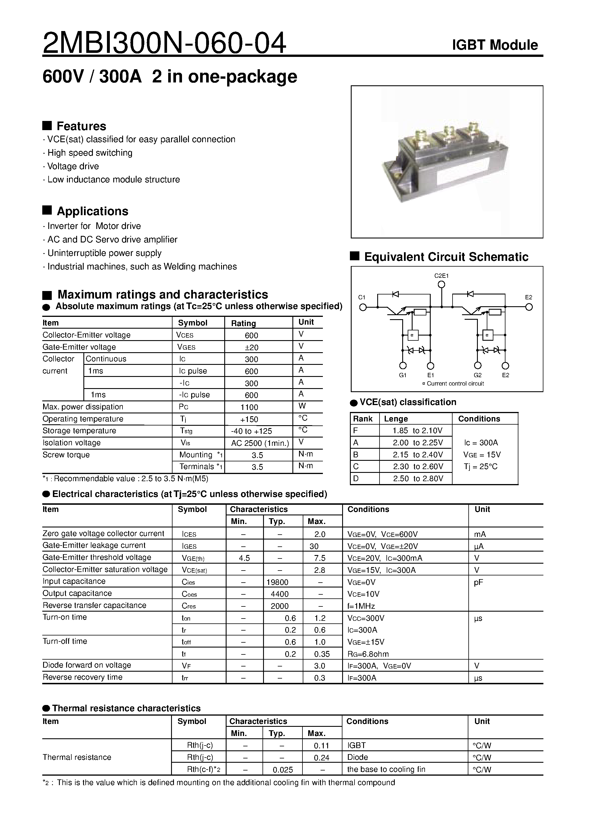 Datasheet 2MBI300N-060 - 600V / 300A 2 in one-package page 1