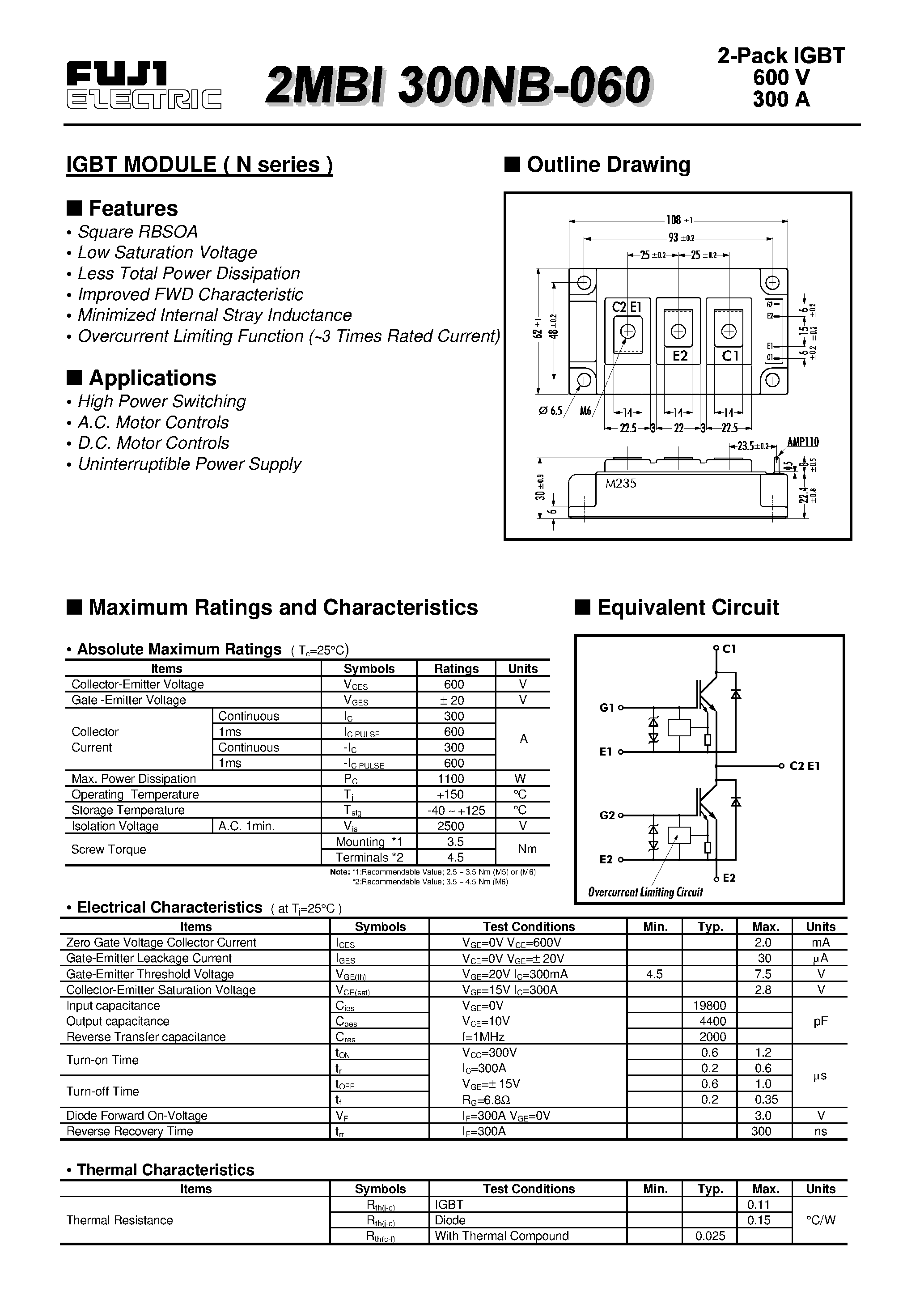 Datasheet 2MBI300NB-060 - 600V/300A 2-Pack IGBT page 1