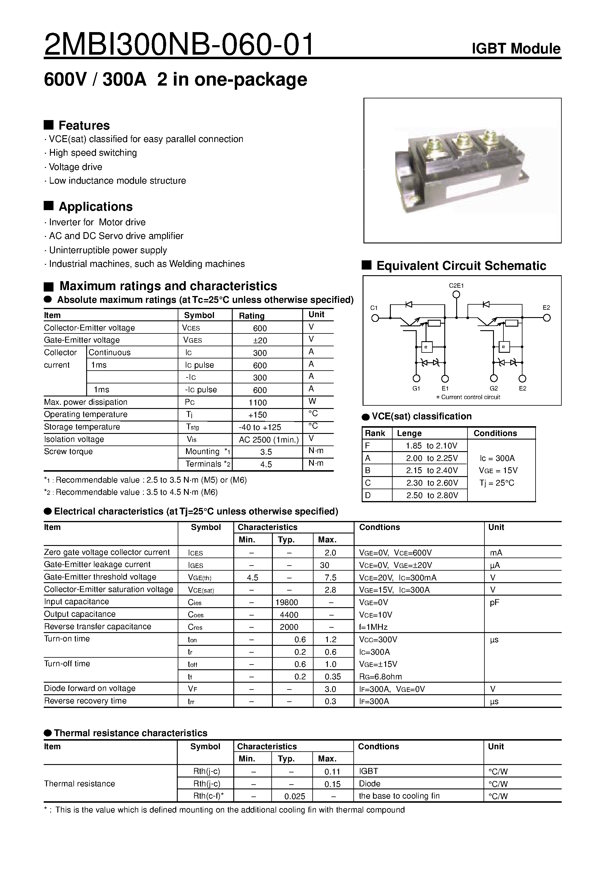 Datasheet 2MBI300NB-060-01 - 600V / 300A 2 in one-package page 1
