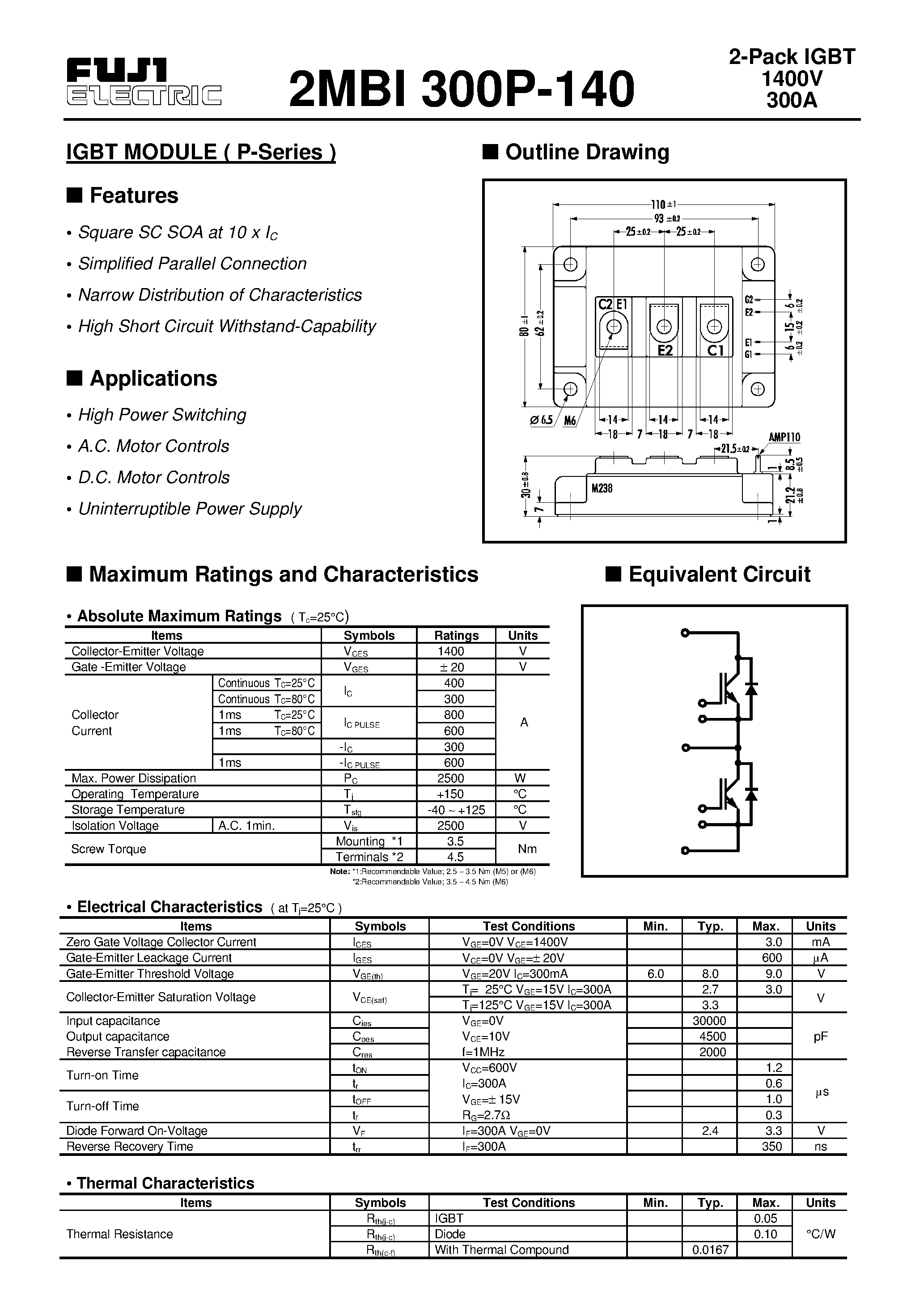 Datasheet 2MBI300P-140 - 1400V/300A 2-Pack IGBT page 1