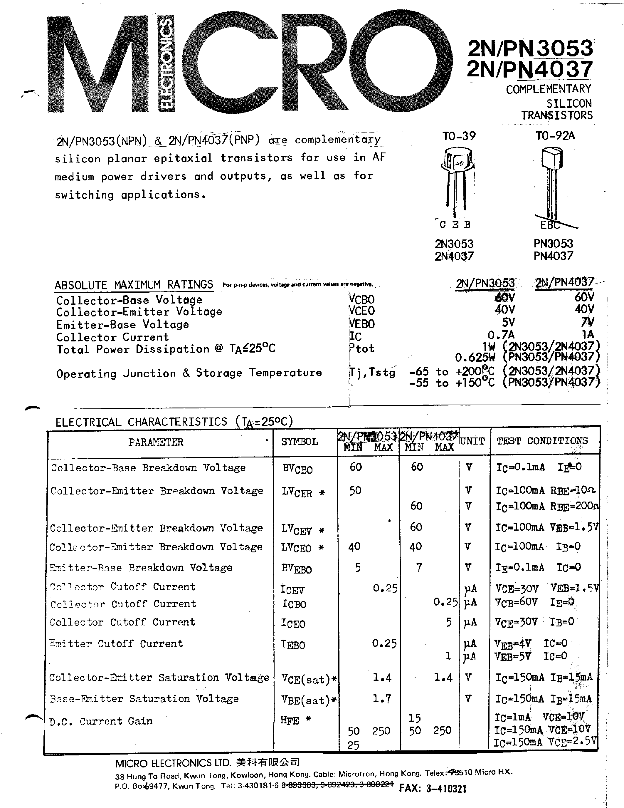 Datasheet 2N-PN4037 - COMPLEMENTARY SILICON TRANSISTORS page 1