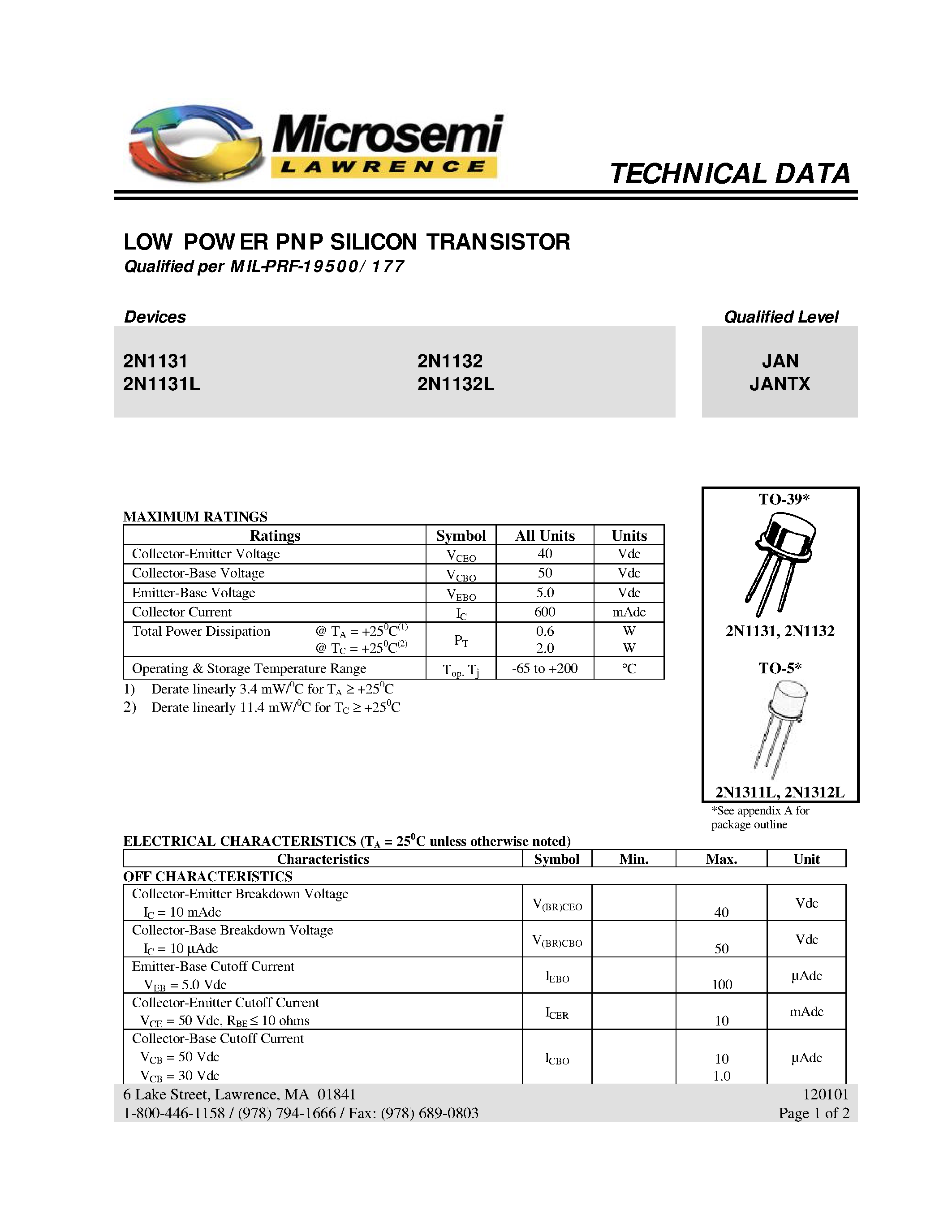 Datasheet 2N1131 - LOW POWER PNP SILICON TRANSISTOR page 1