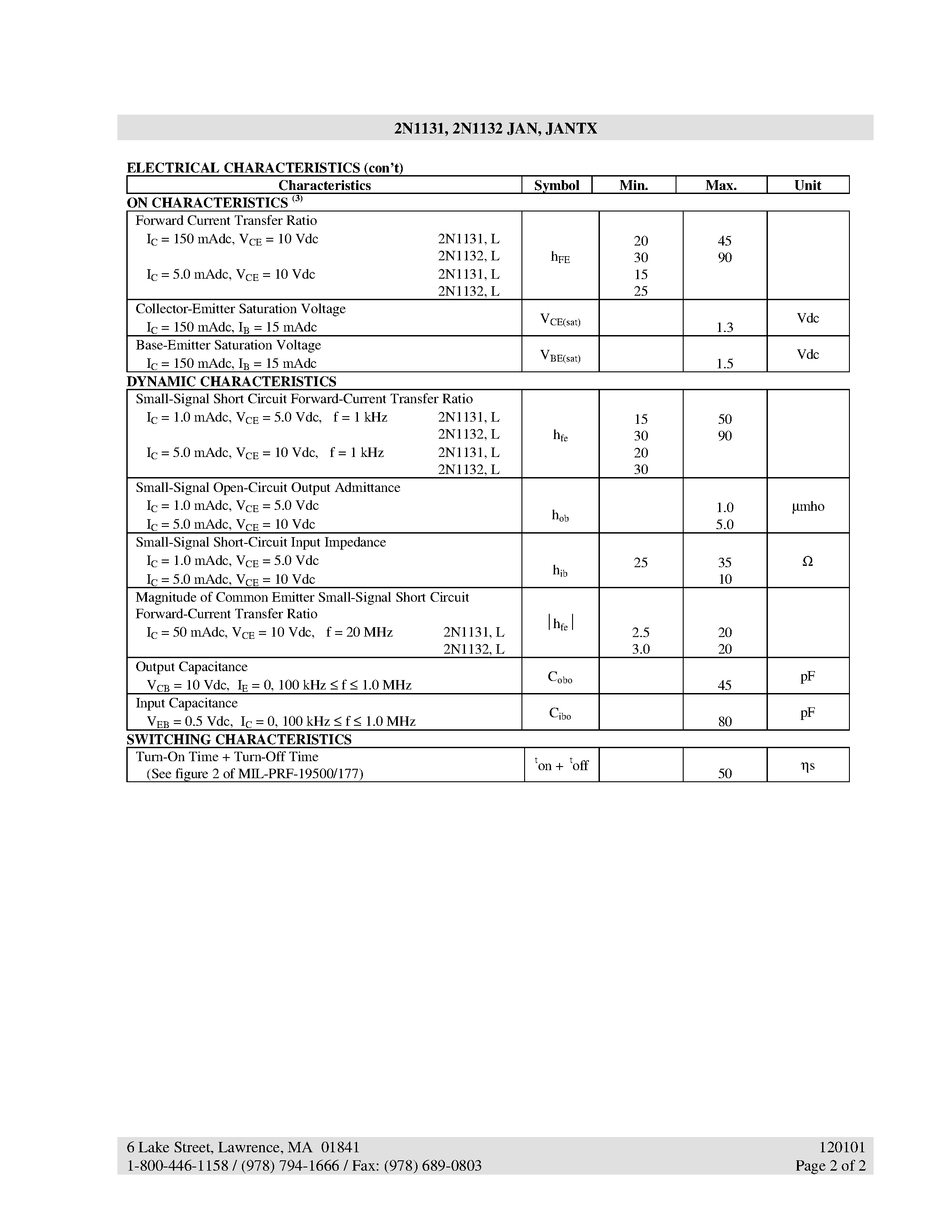 Datasheet 2N1131 - LOW POWER PNP SILICON TRANSISTOR page 2