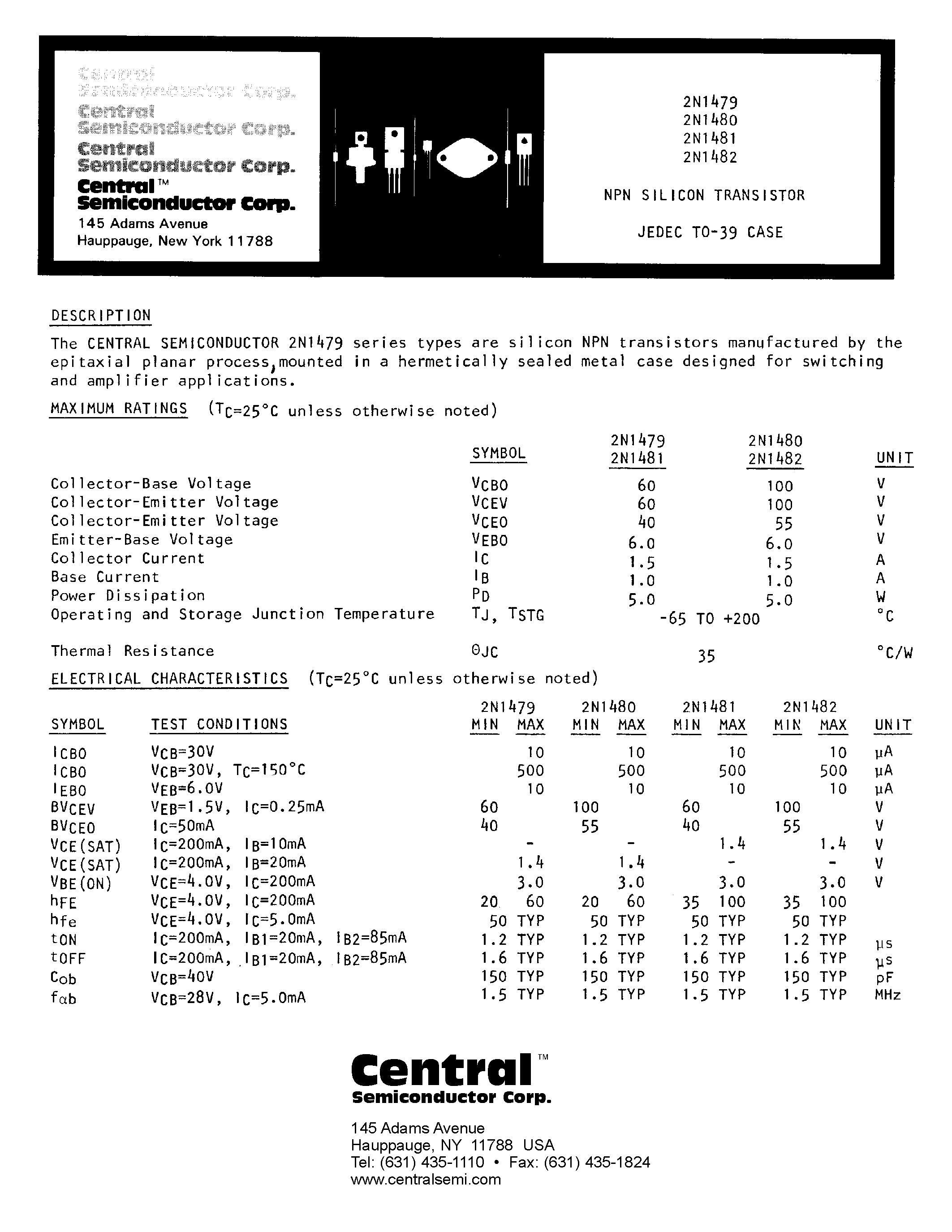 Datasheet 2N1481 page 1 Datasheet 2N1481 - NPN SILICON TRANSISTOR page 1