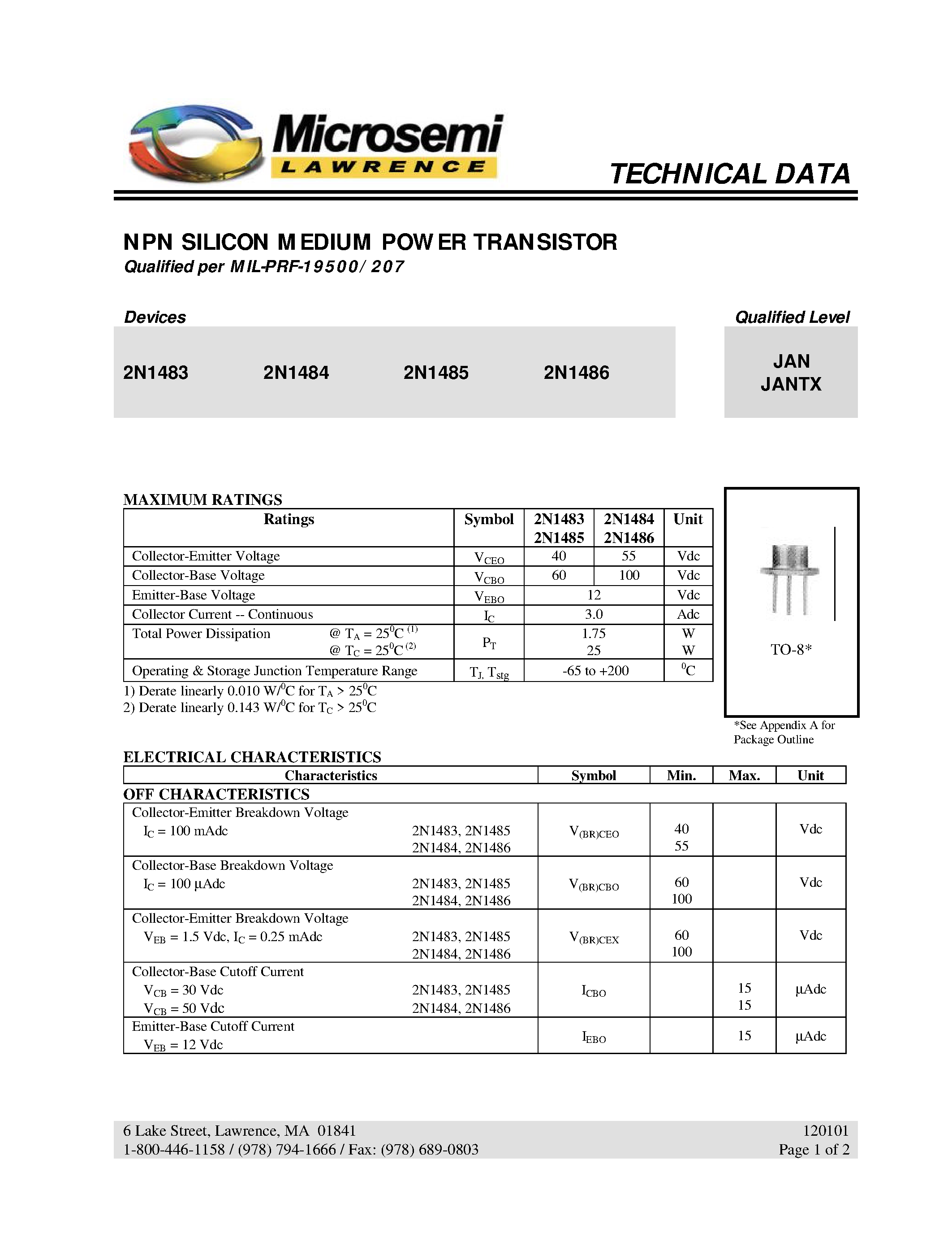 Даташит на микросхему 2N1484 страница 1 Даташит 2N1484 - NPN SILICON MEDIUM POWER TRANSISTOR страница 1