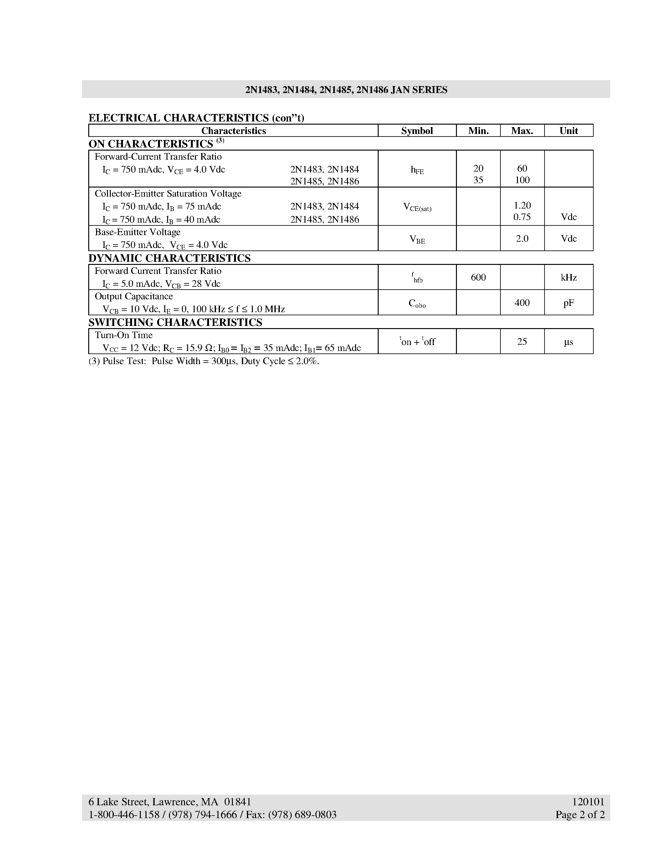 Datasheet 2N1485 page 2 Datasheet 2N1485 - NPN SILICON MEDIUM POWER TRANSISTOR page 2