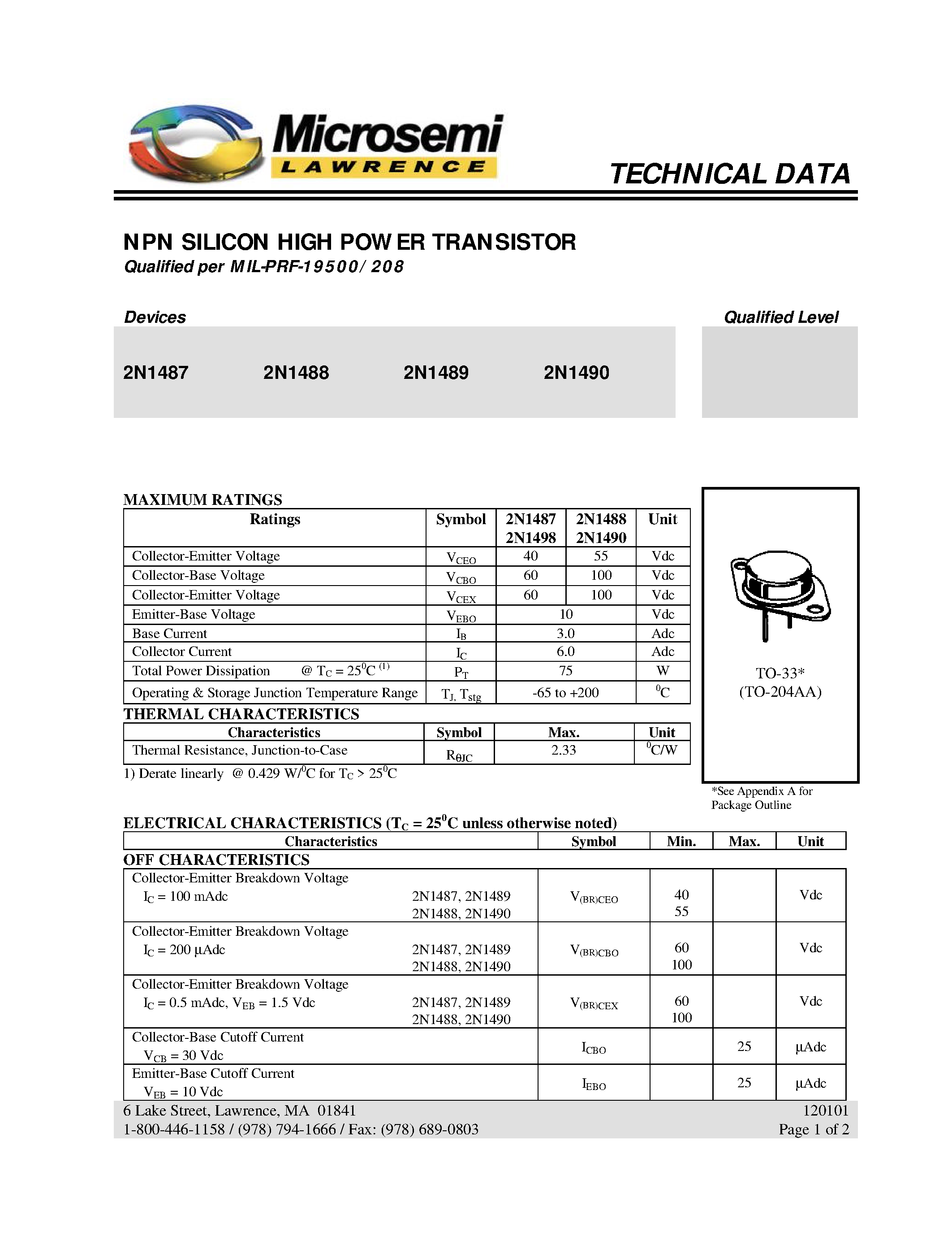 Даташит на микросхему 2N1488 страница 1 Даташит 2N1488 - NPN SILICON HIGH POWER TRANSISTOR страница 1