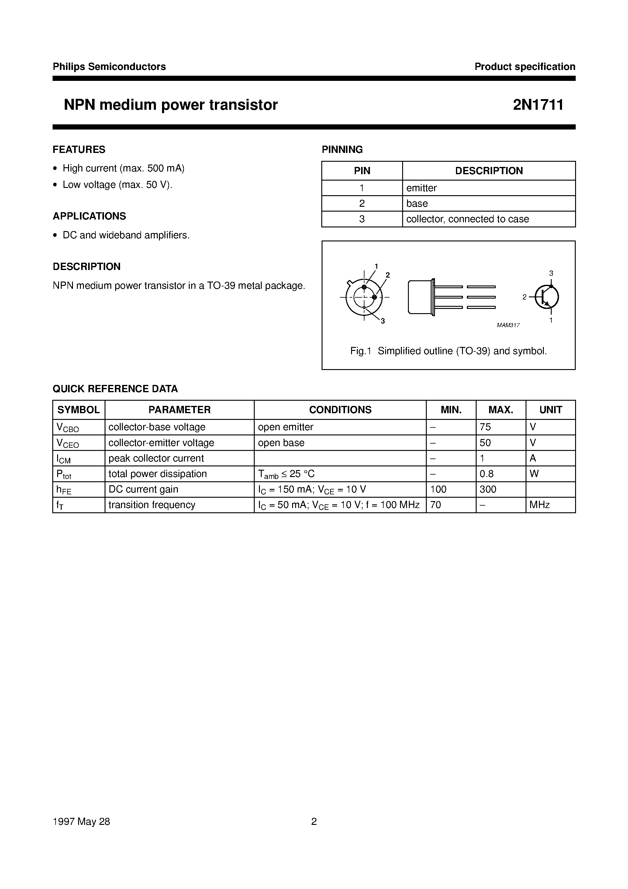 Даташит на микросхему 2N1711 страница 2 Даташит 2N1711 - NPN medium power transistor страница 2