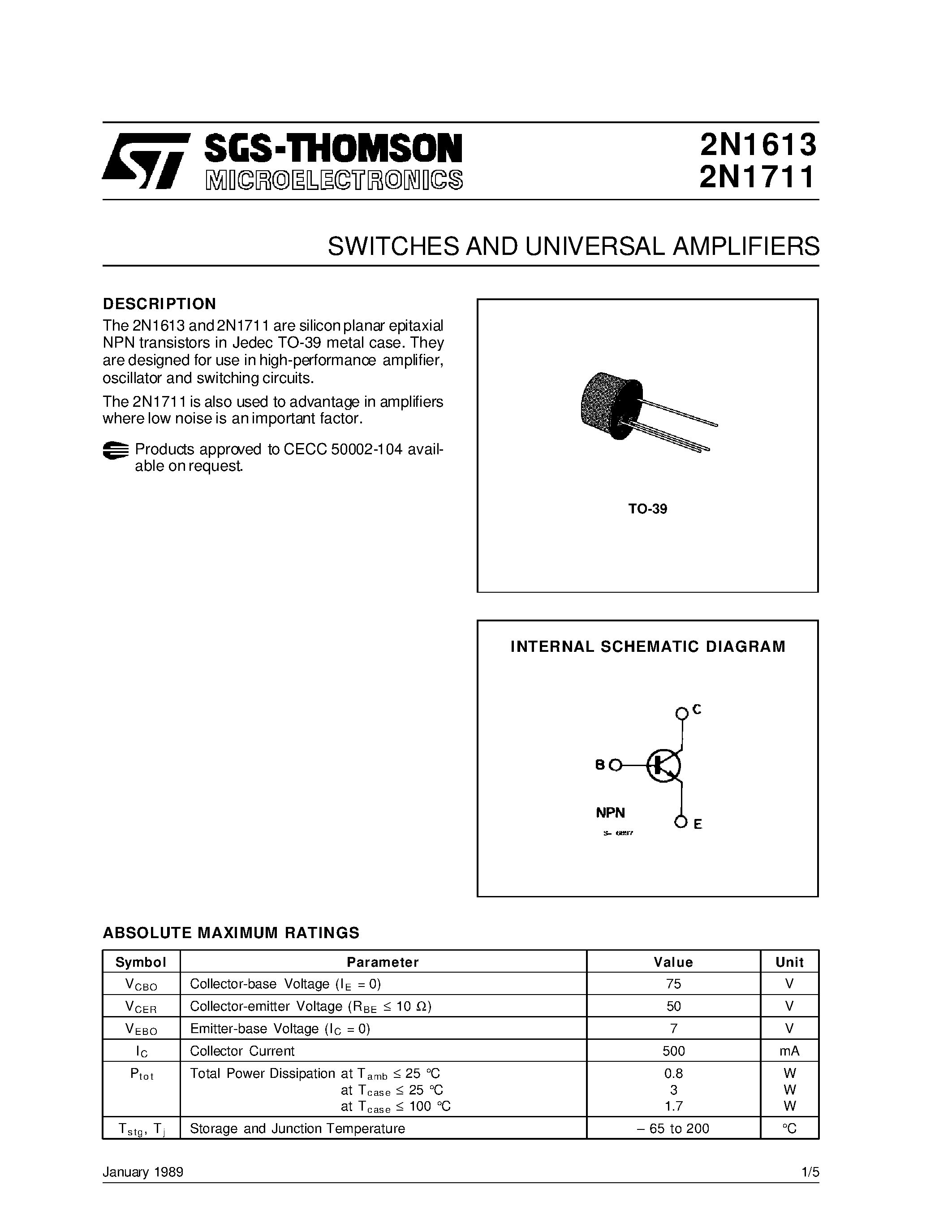 Datasheet 2N1711 page 1 Datasheet 2N1711 - SWITCHES AND UNIVERSAL AMPLIFIERS page 1