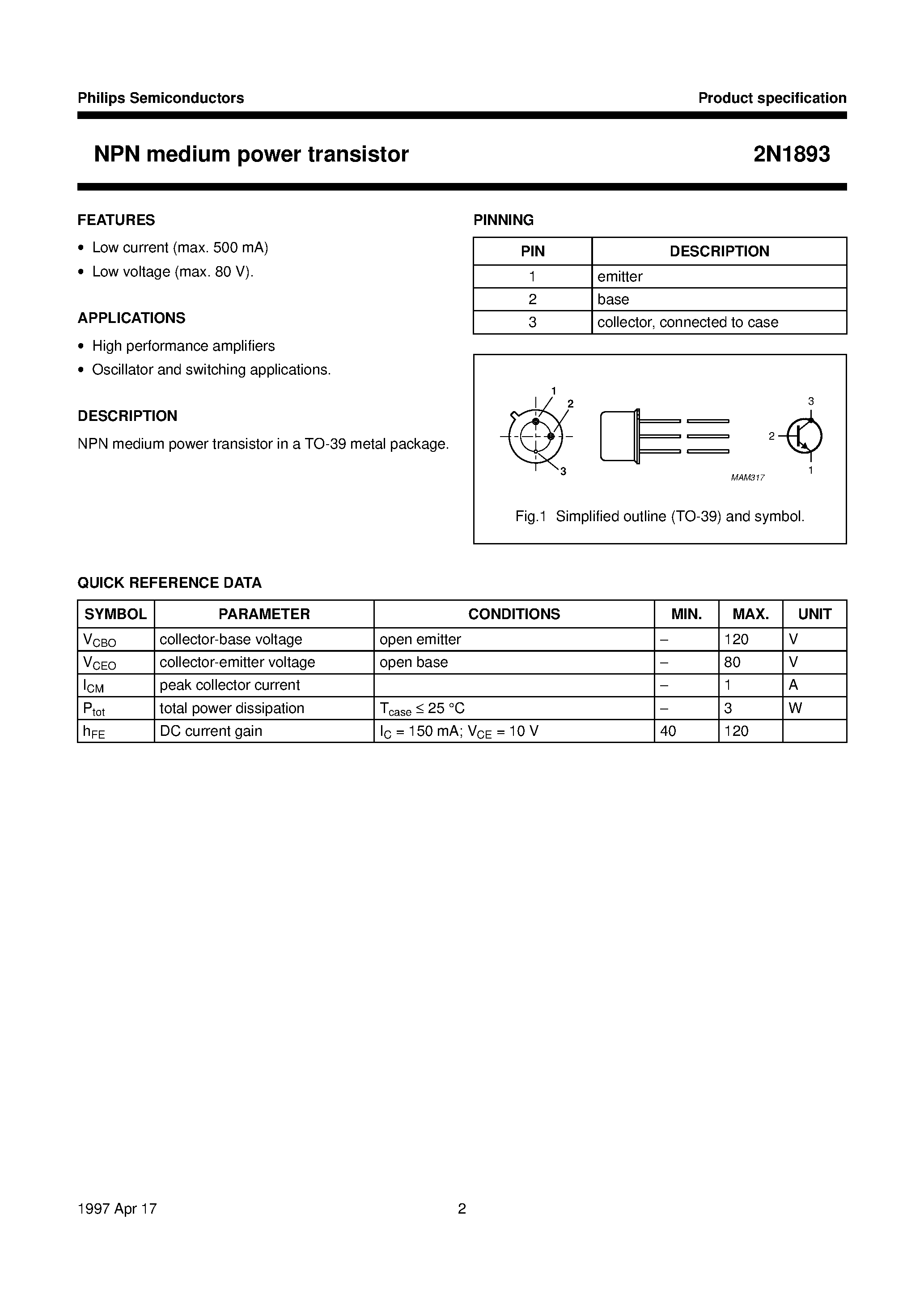 Datasheet 2N1893 page 2 Datasheet 2N1893 - NPN medium power transistor page 2