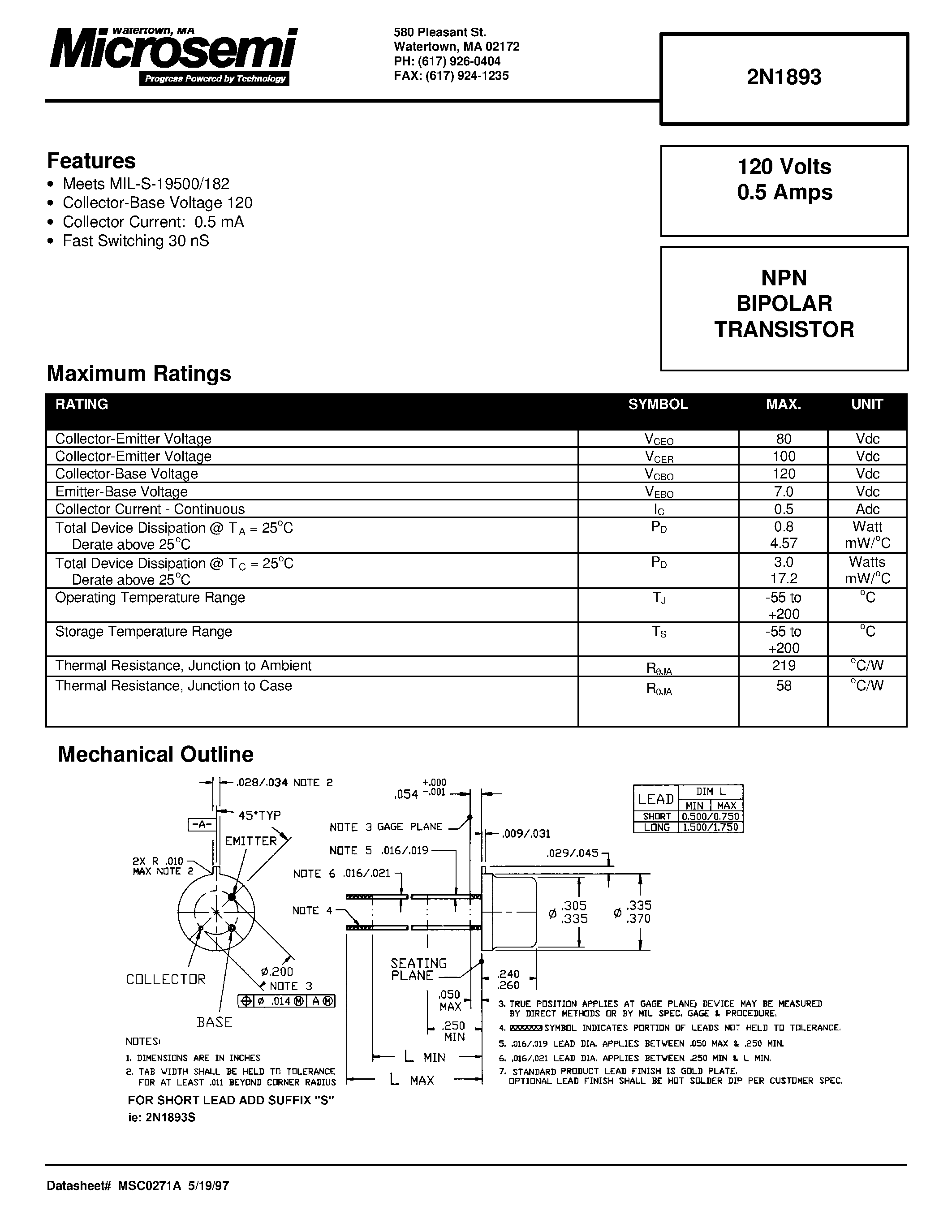 Datasheet 2N1893 page 1 Datasheet 2N1893 - NPN BIPOLAR TRANSISTOR page 1