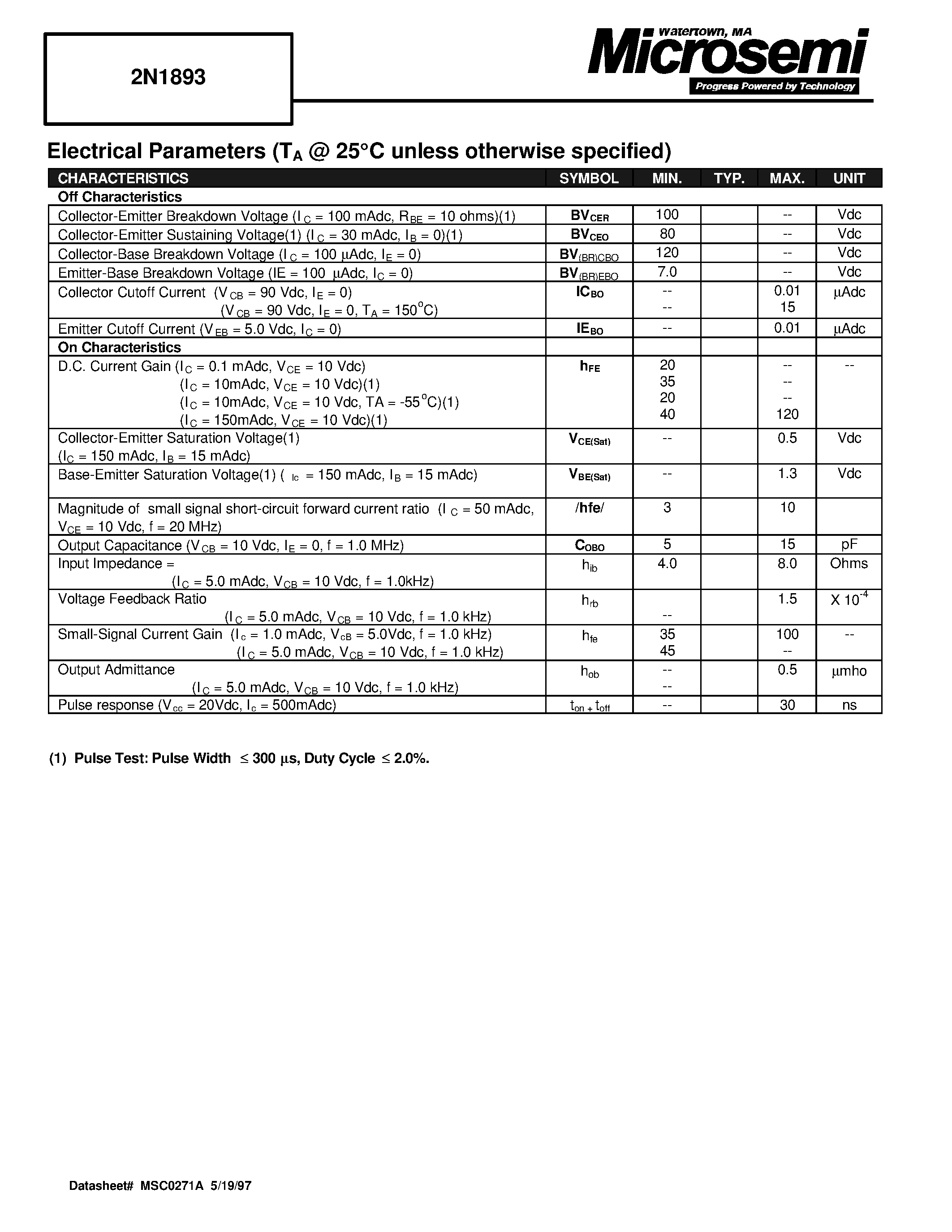 Datasheet 2N1893 page 2 Datasheet 2N1893 - NPN BIPOLAR TRANSISTOR page 2