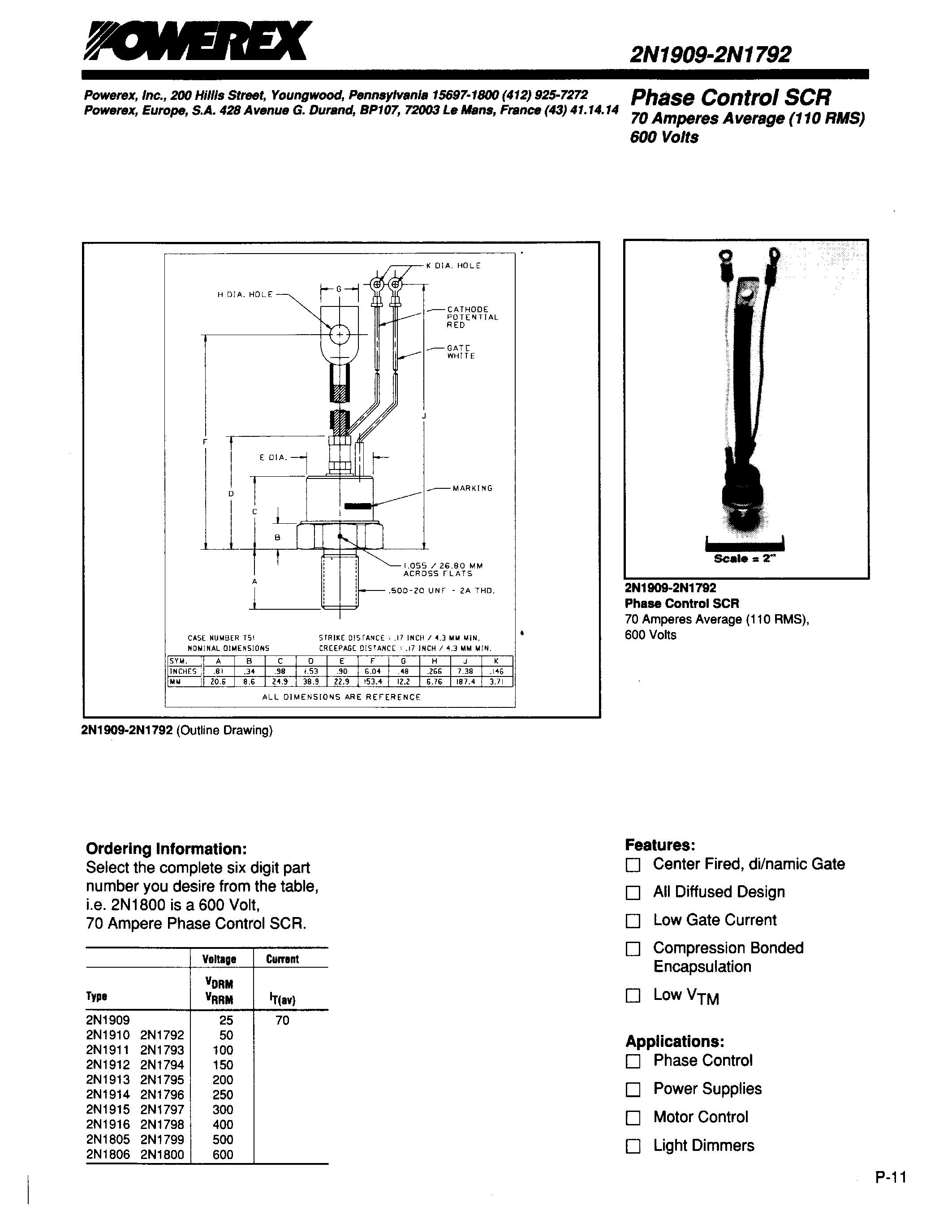 Даташит на микросхему 2N1913 страница 1 Даташит 2N1913 - Phase Control SCR 70 Amoeres Average(110 RMS) 600 Volts страница 1