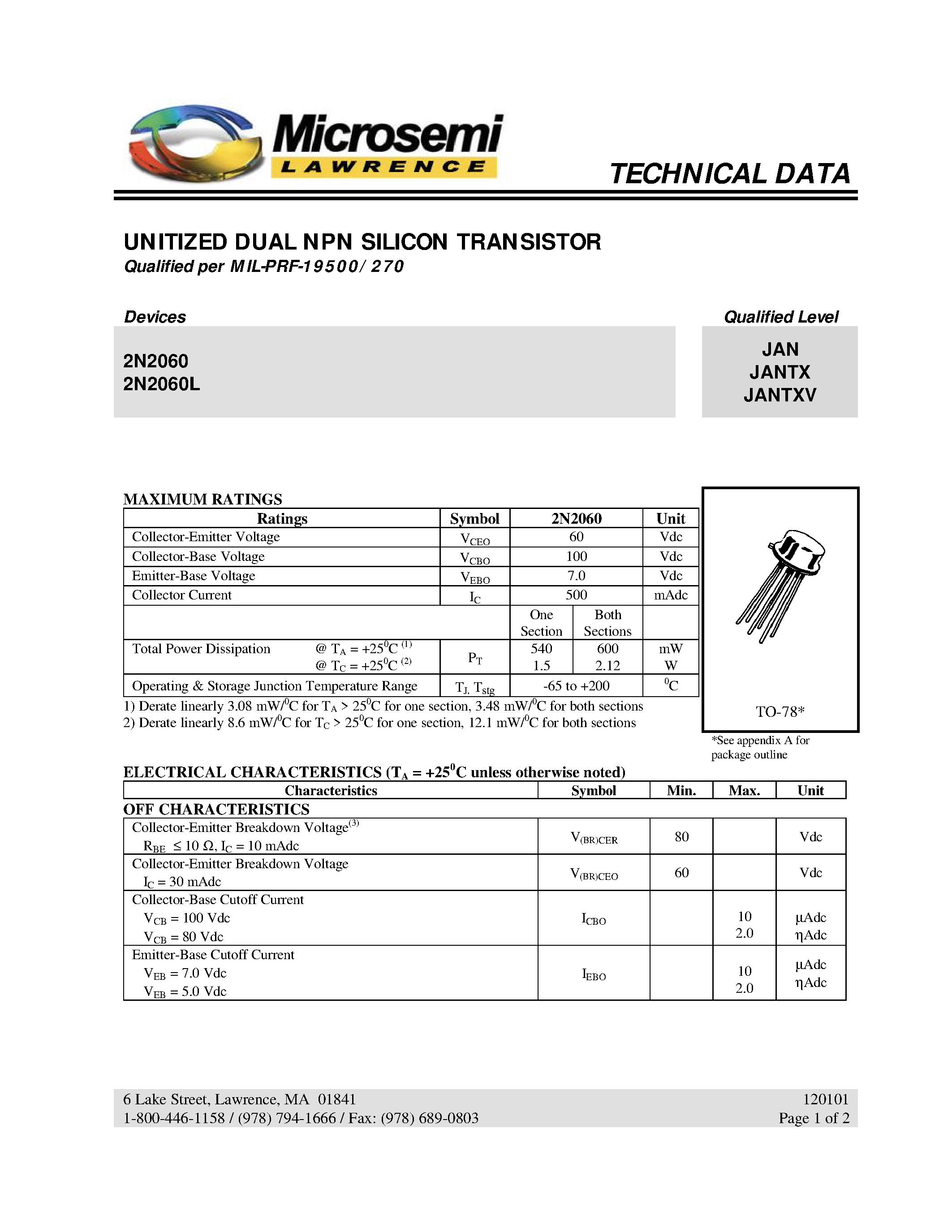 Datasheet 2N2060L page 1 Datasheet 2N2060L - UNITIZED DUAL NPN SILICON TRANSISTOR page 1