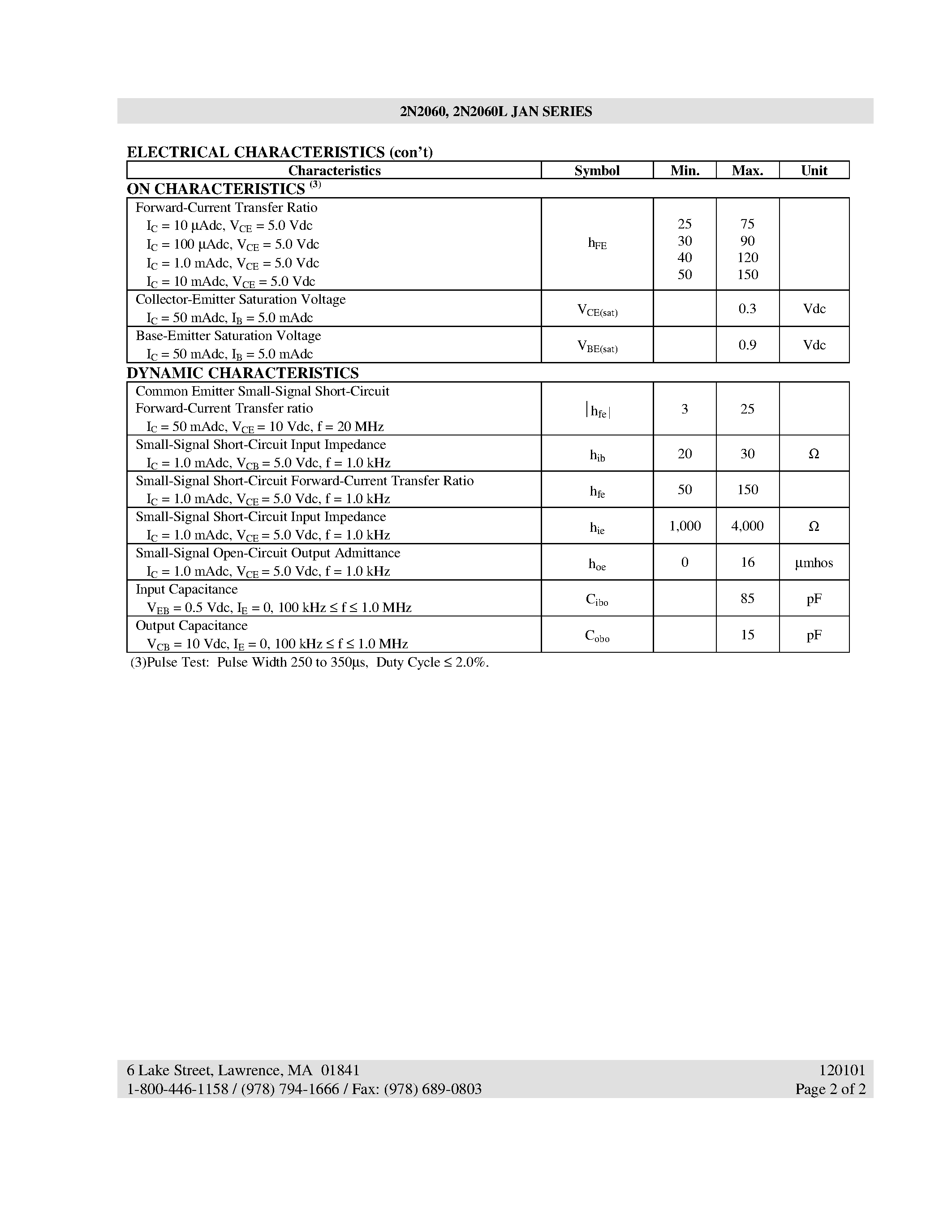 Datasheet 2N2060L page 2 Datasheet 2N2060L - UNITIZED DUAL NPN SILICON TRANSISTOR page 2
