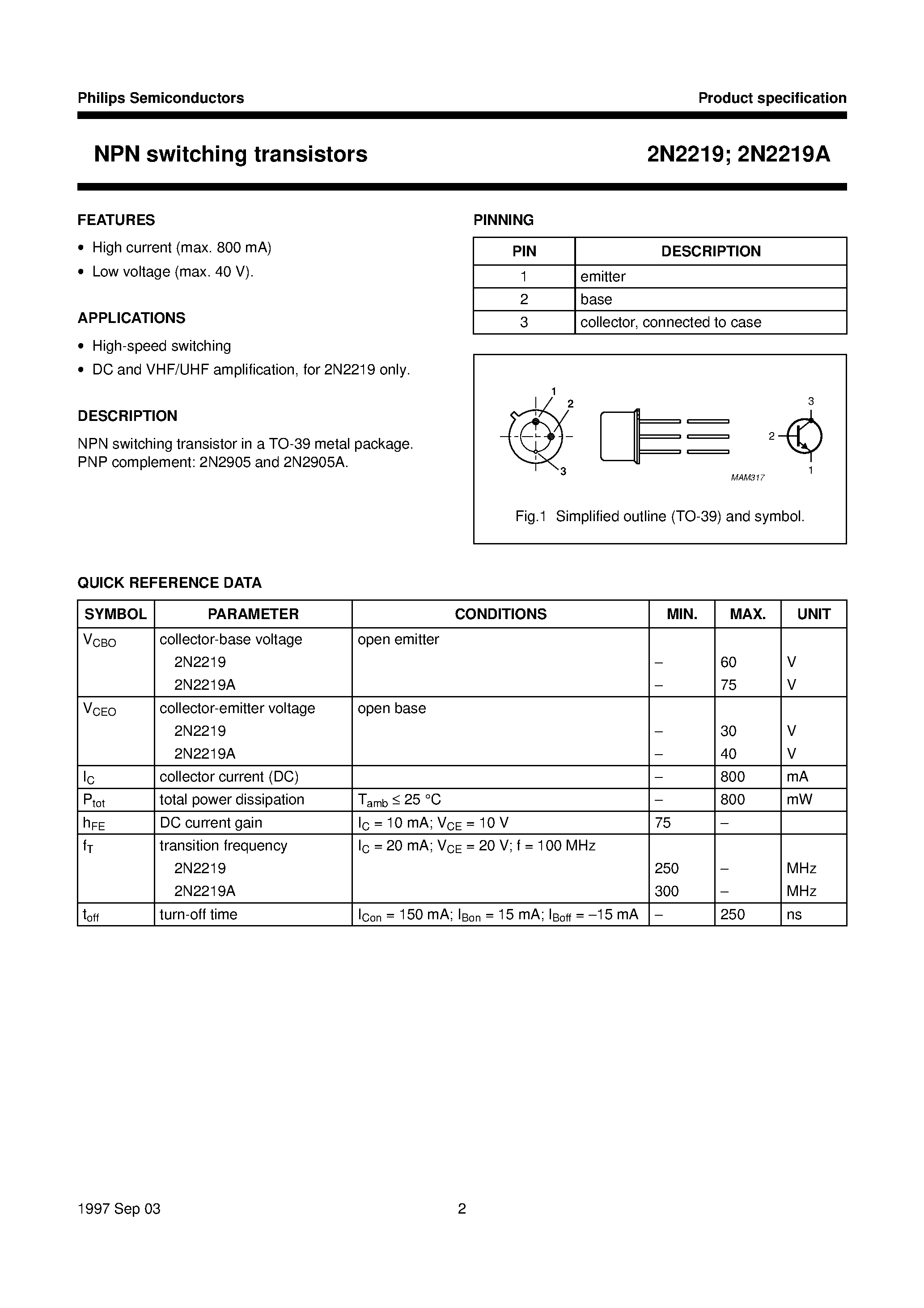 Datasheet 2N2219 - NPN switching transistors page 2