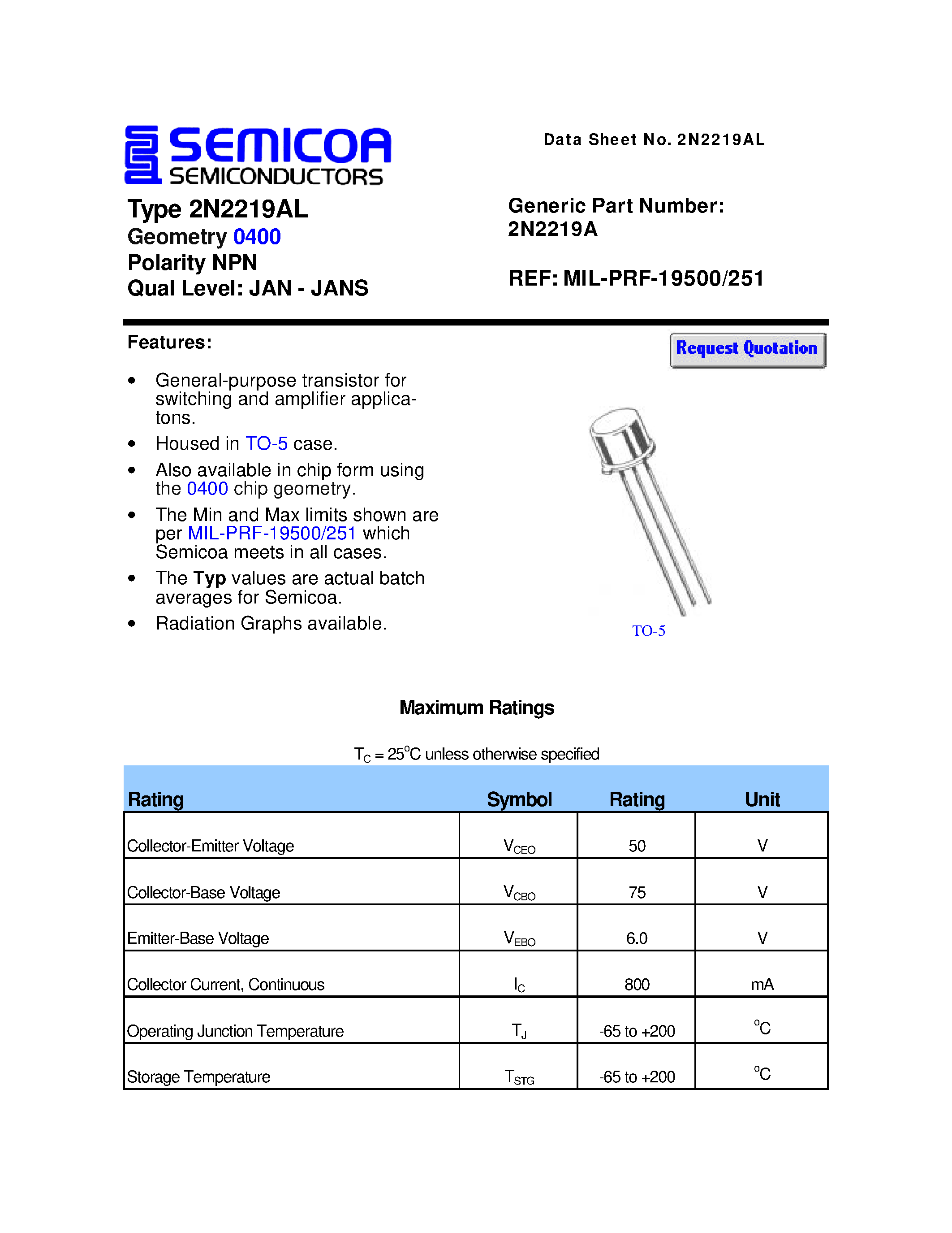 Datasheet 2N2219AL - Chip Type 2C2222A Geometry 0400 Polarity NPN page 1