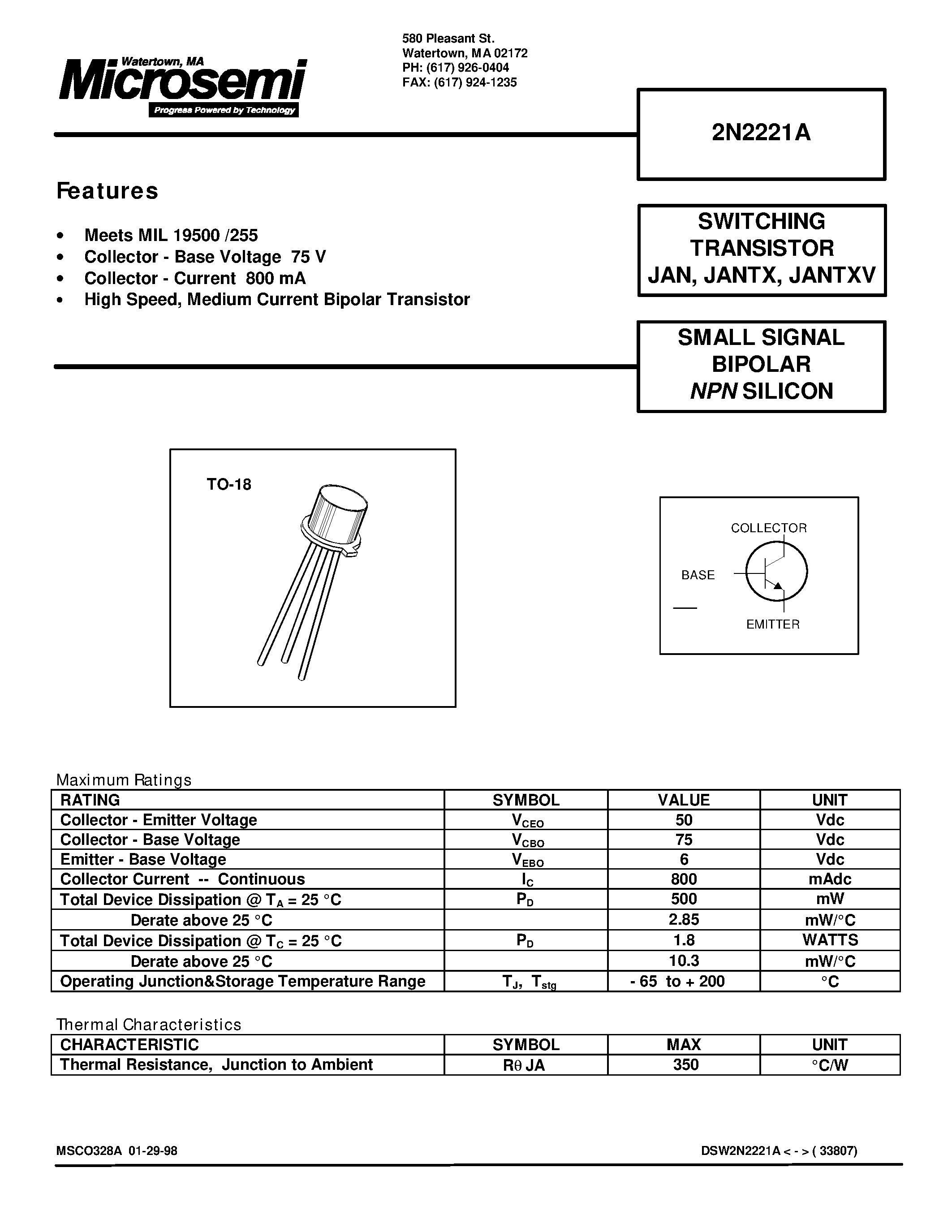 Datasheet 2N2221A - NPN SILICON SWITCHING TRANSISTOR page 1
