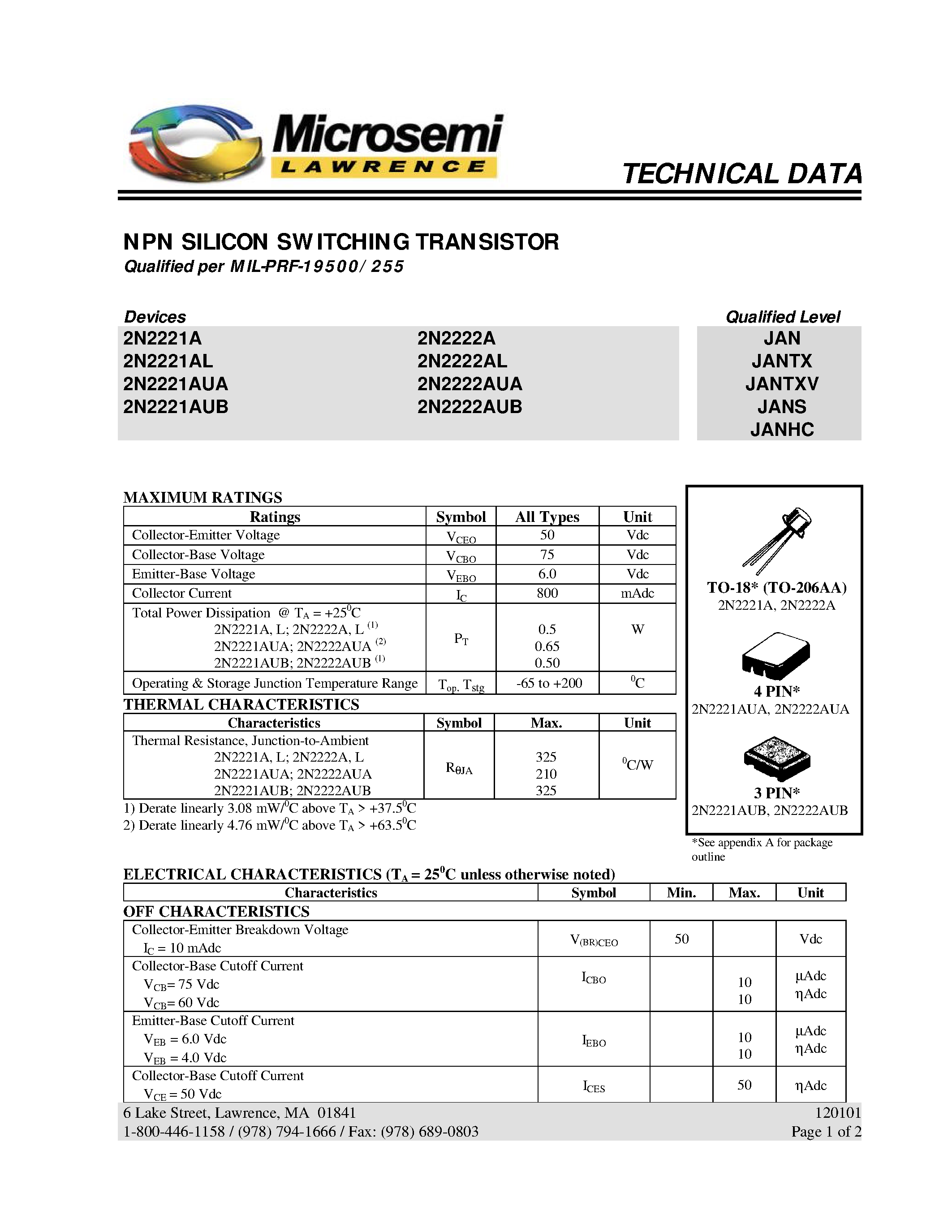 Даташит 2N2221AUB - NPN SILICON SWITCHING TRANSISTOR страница 1