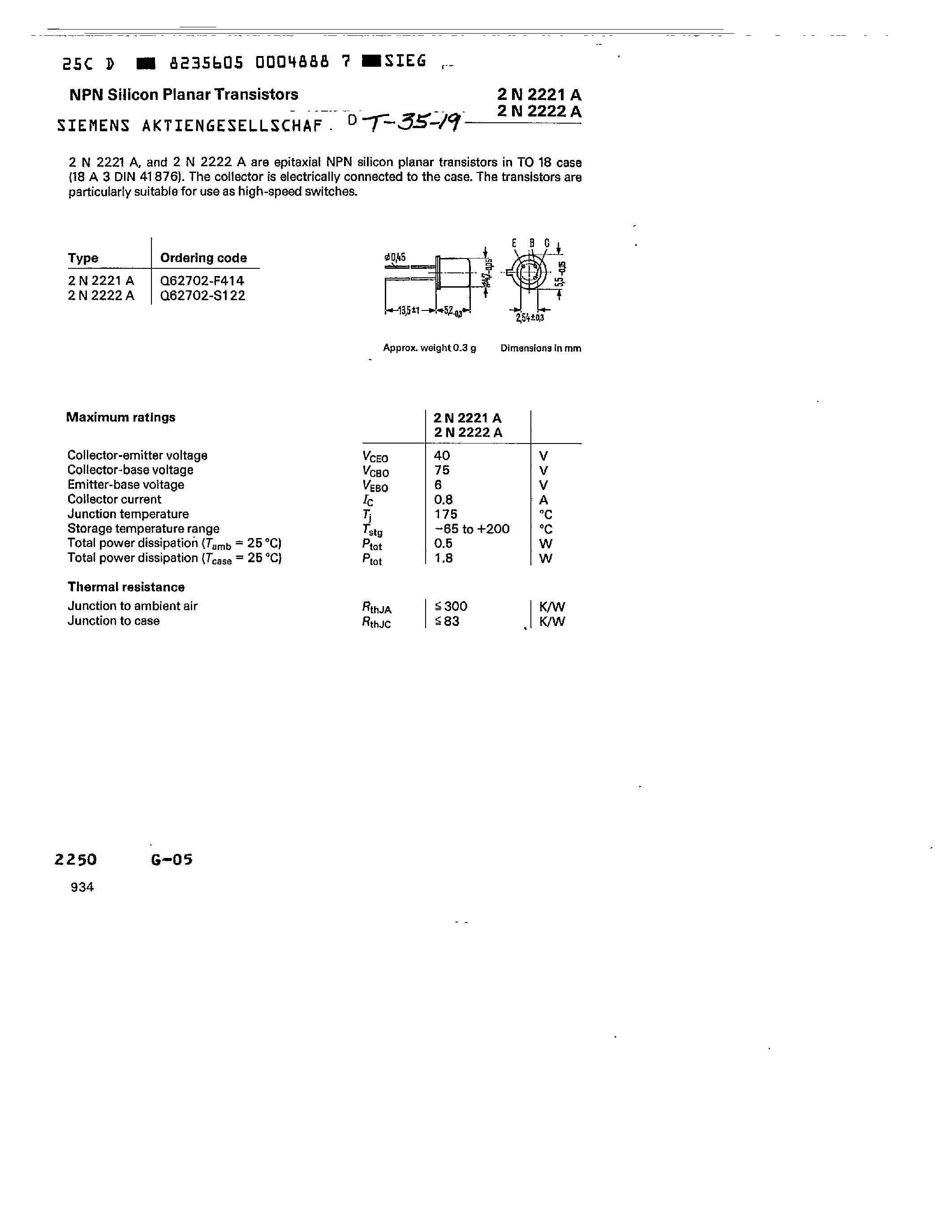 Datasheet 2N2222A page 1 Datasheet 2N2222A - NPN SILICON PLANAR TRANSISTORS page 1