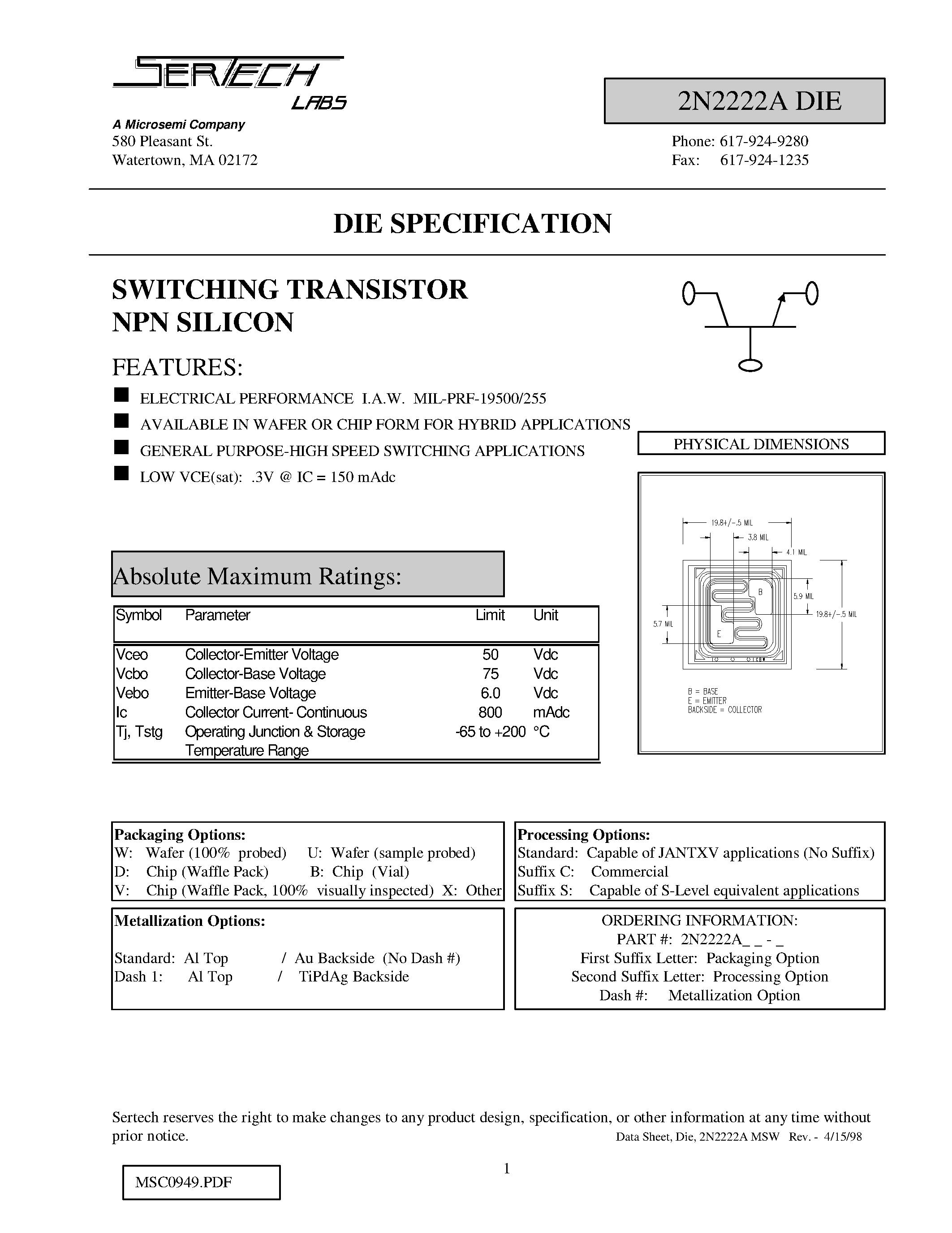 Datasheet 2N2222ABS - SWITCHING TRANSISTOR NPN SILICON page 1