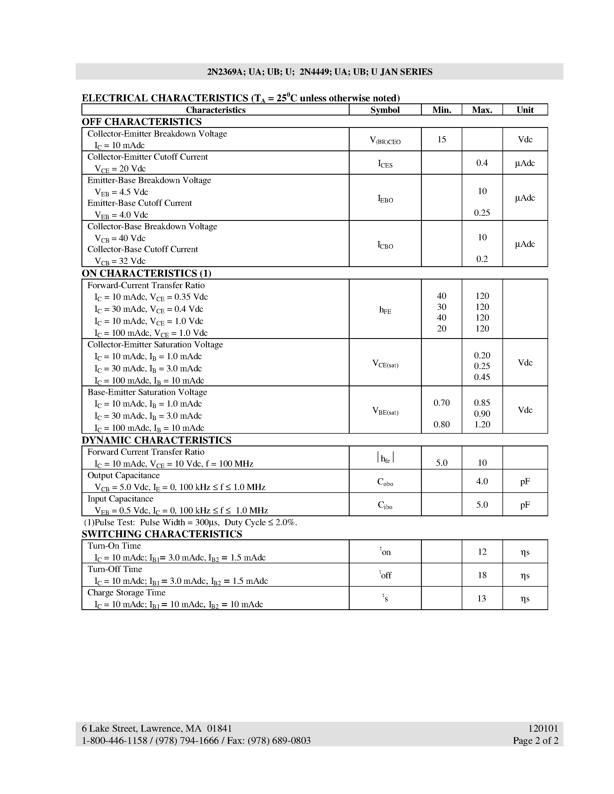 Datasheet 2N2369A - NPN SILICON SWITCHING TRANSISTOR page 2