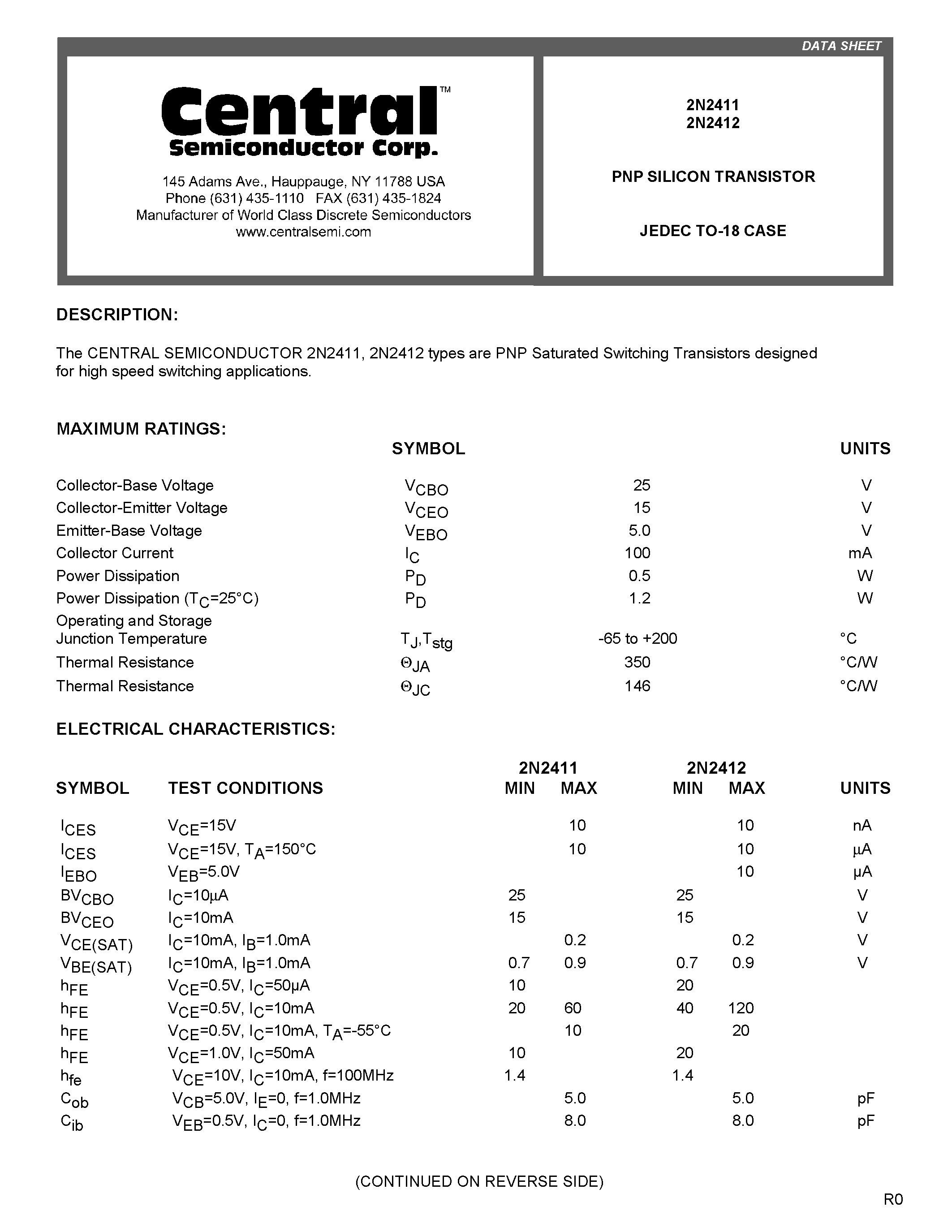 Даташит 2N2411 - PNP SILICON TRANSISTOR страница 1