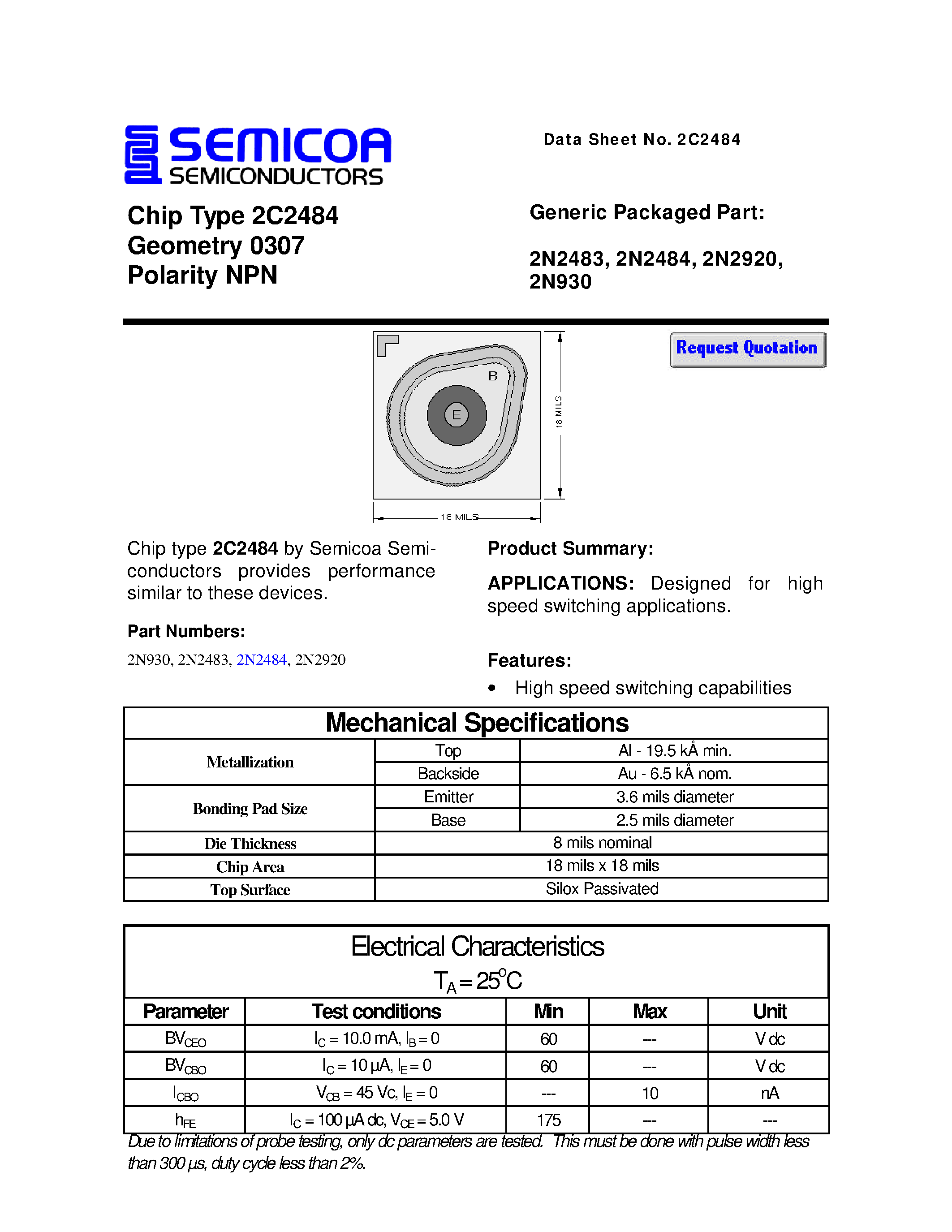 Даташит 2N2483 - Chip Type 2C2484 Geometry 0307 Polarity NPN страница 1