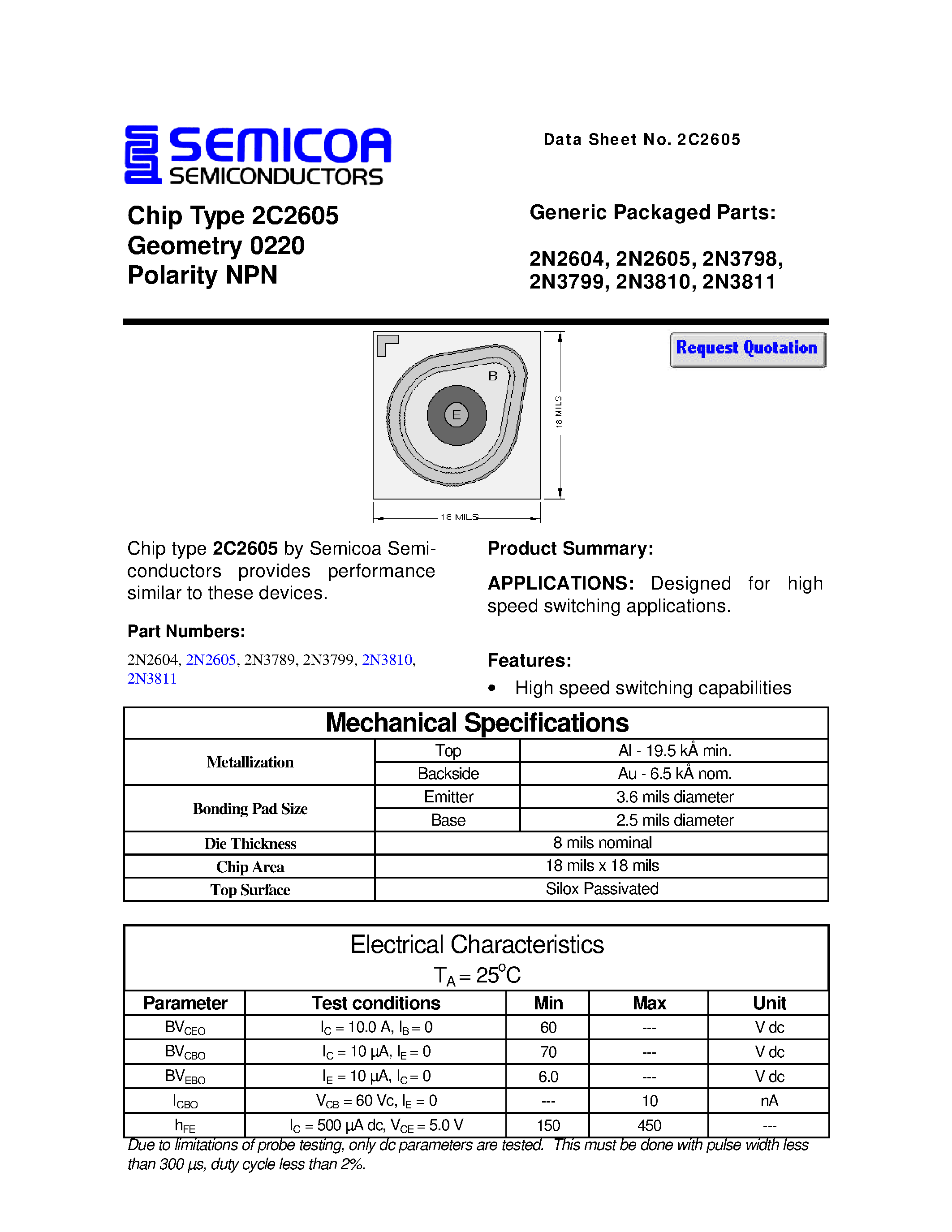 Datasheet 2N2604 - Chip Type 2C2605 Geometry 0220 Polarity NPN page 1