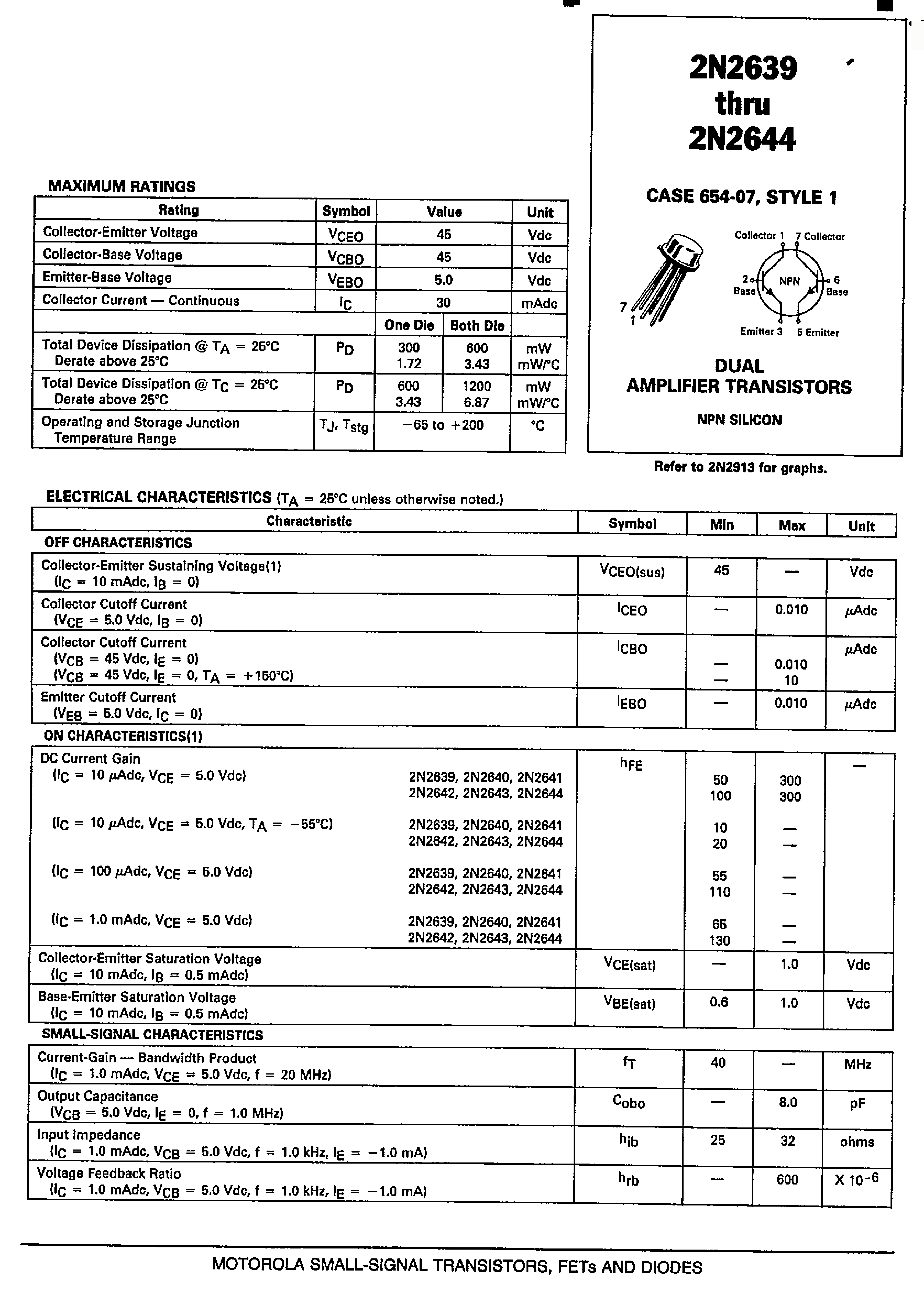 Datasheet 2N2639 - DUAL AMPLIFIER TRANSISTORS NPN SILICON page 1